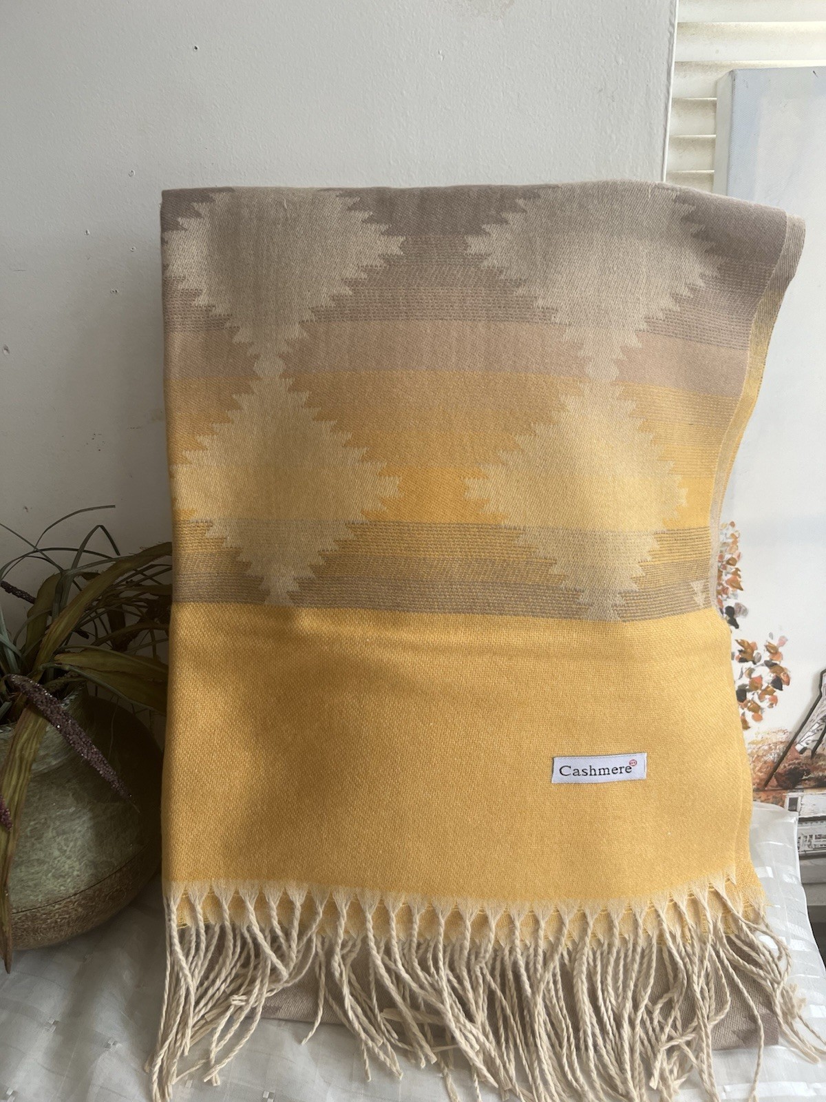 Yellow & Beige Geometric cashmere shawl throws