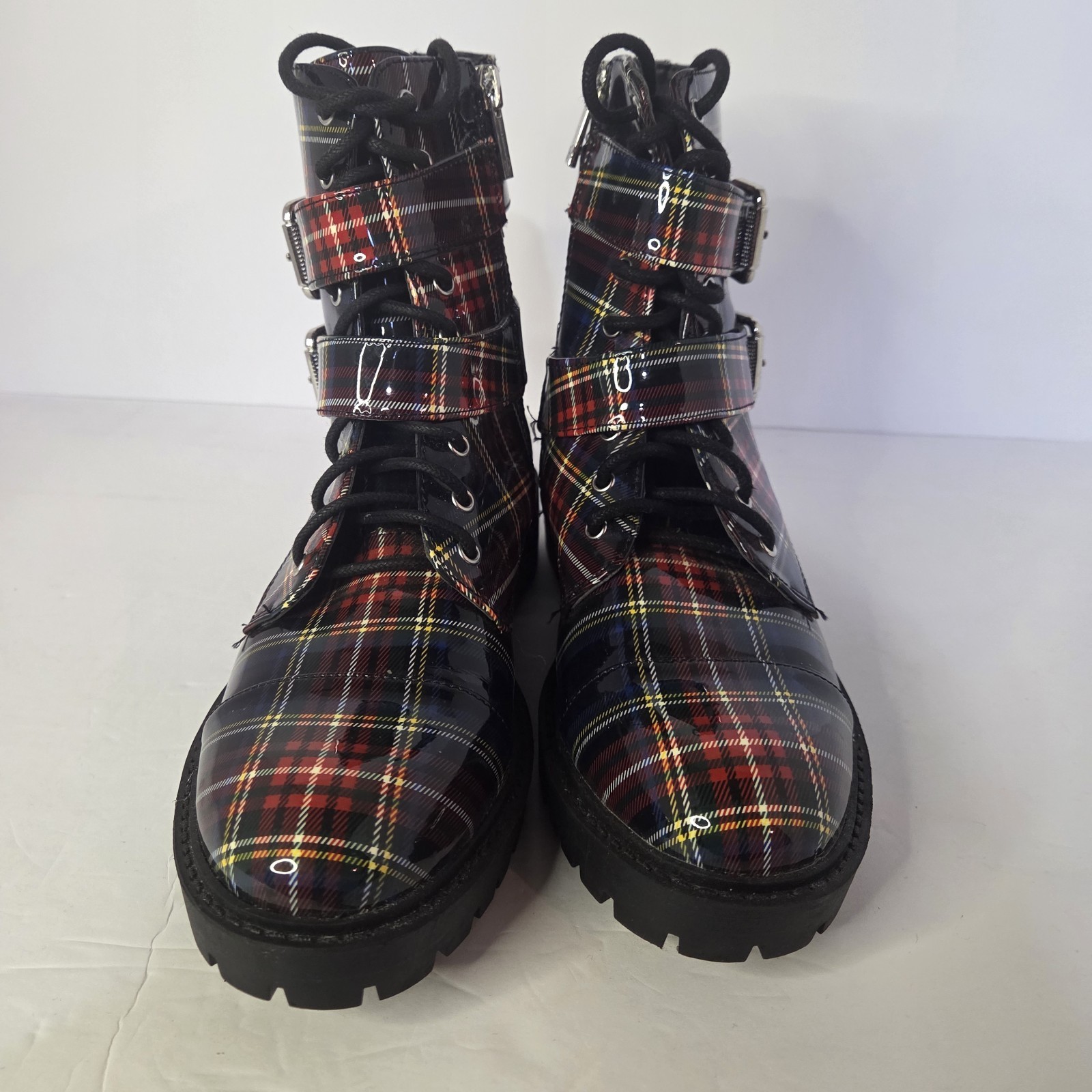 Jessica Simpson KERINA 2 Plaid Patent Leather Women’s 7 Strap Buckle Combat Boot