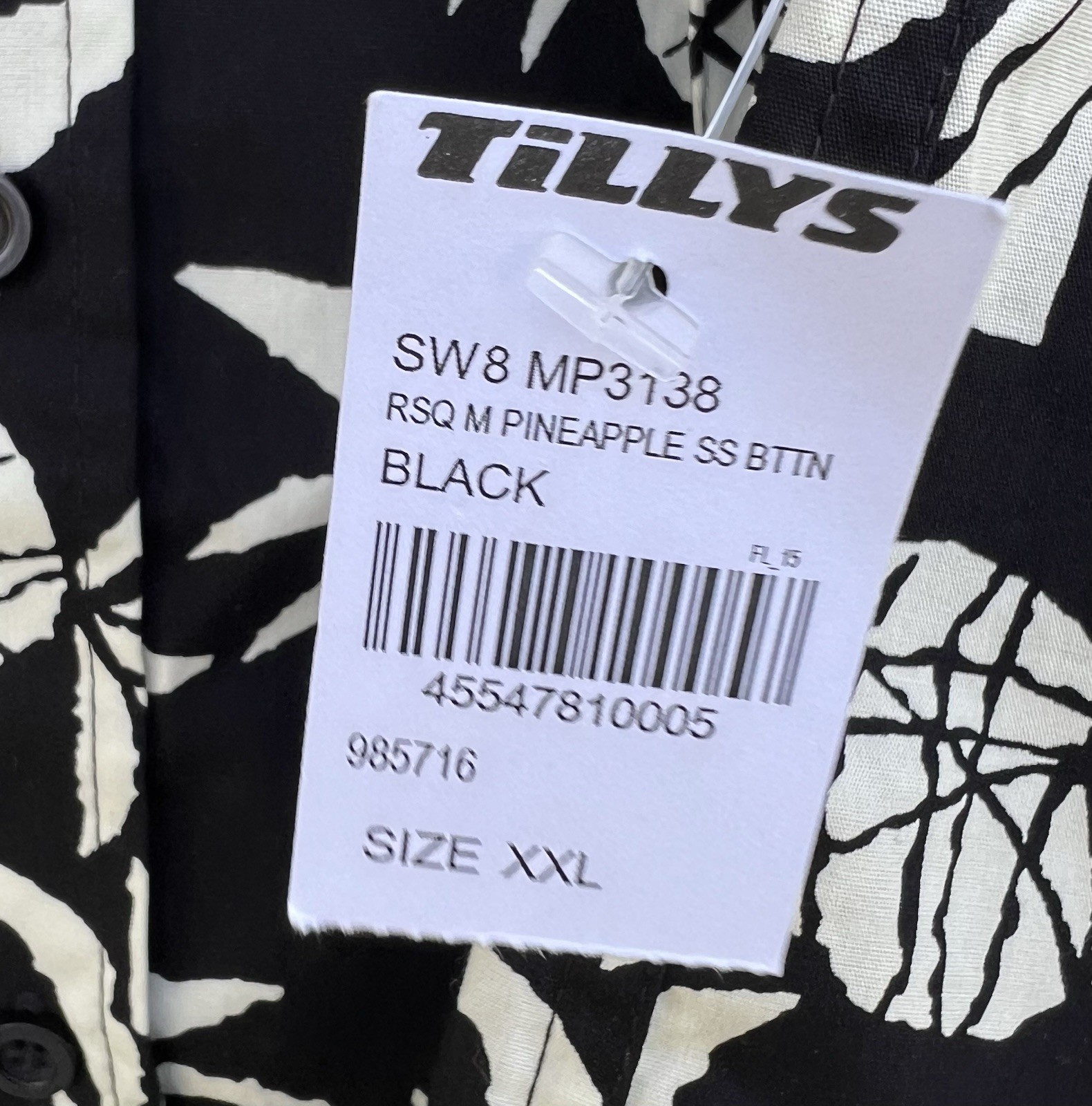 RSQ Hawaiian Shirt Mens 2XL Black Pineapple Print Beach Travel Cotton NWT