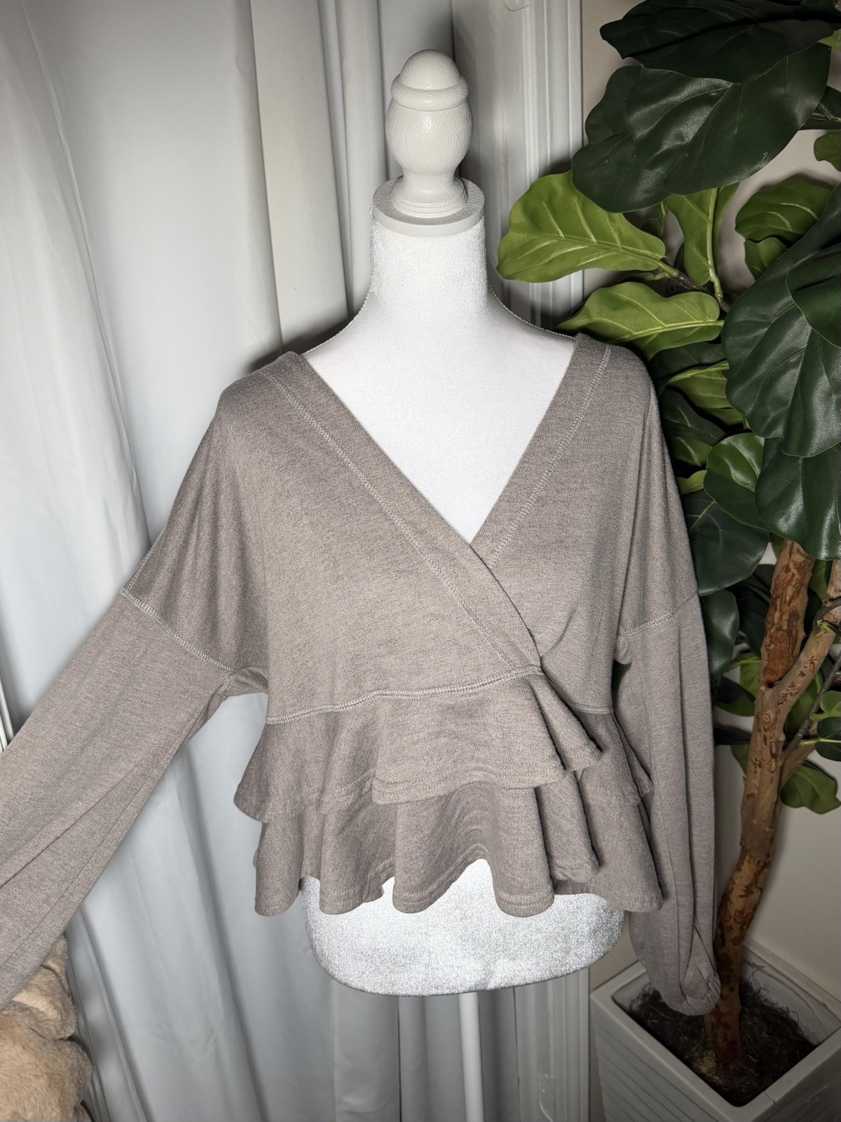 Taupe V Neckline Ruffle Blouse- Oversized Women’s Size: S