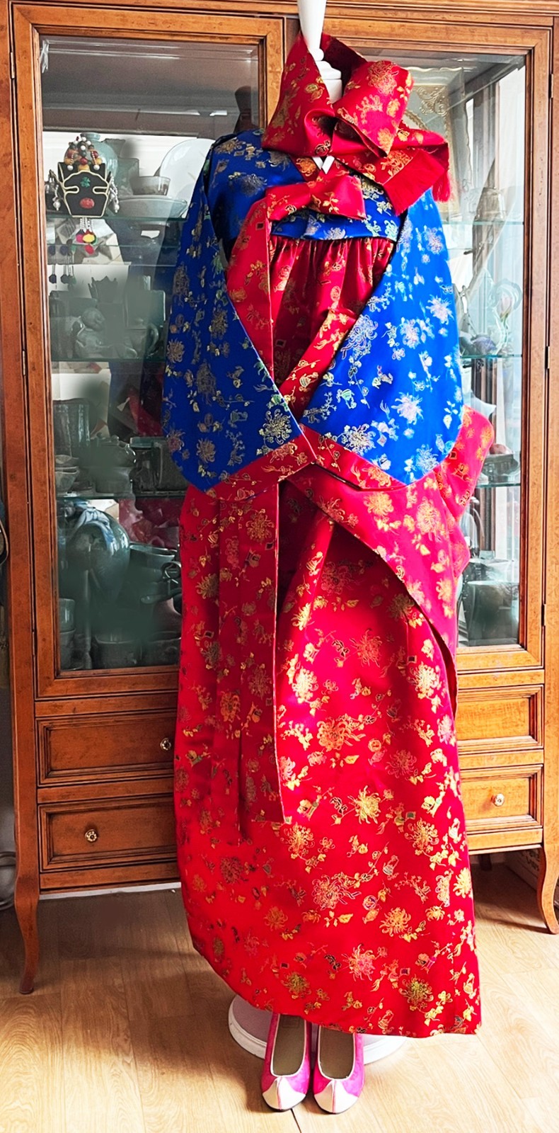 Unique 40-Year Vintage Korean Traditional Clothes Silk Durumagi Hanbok Full Set
