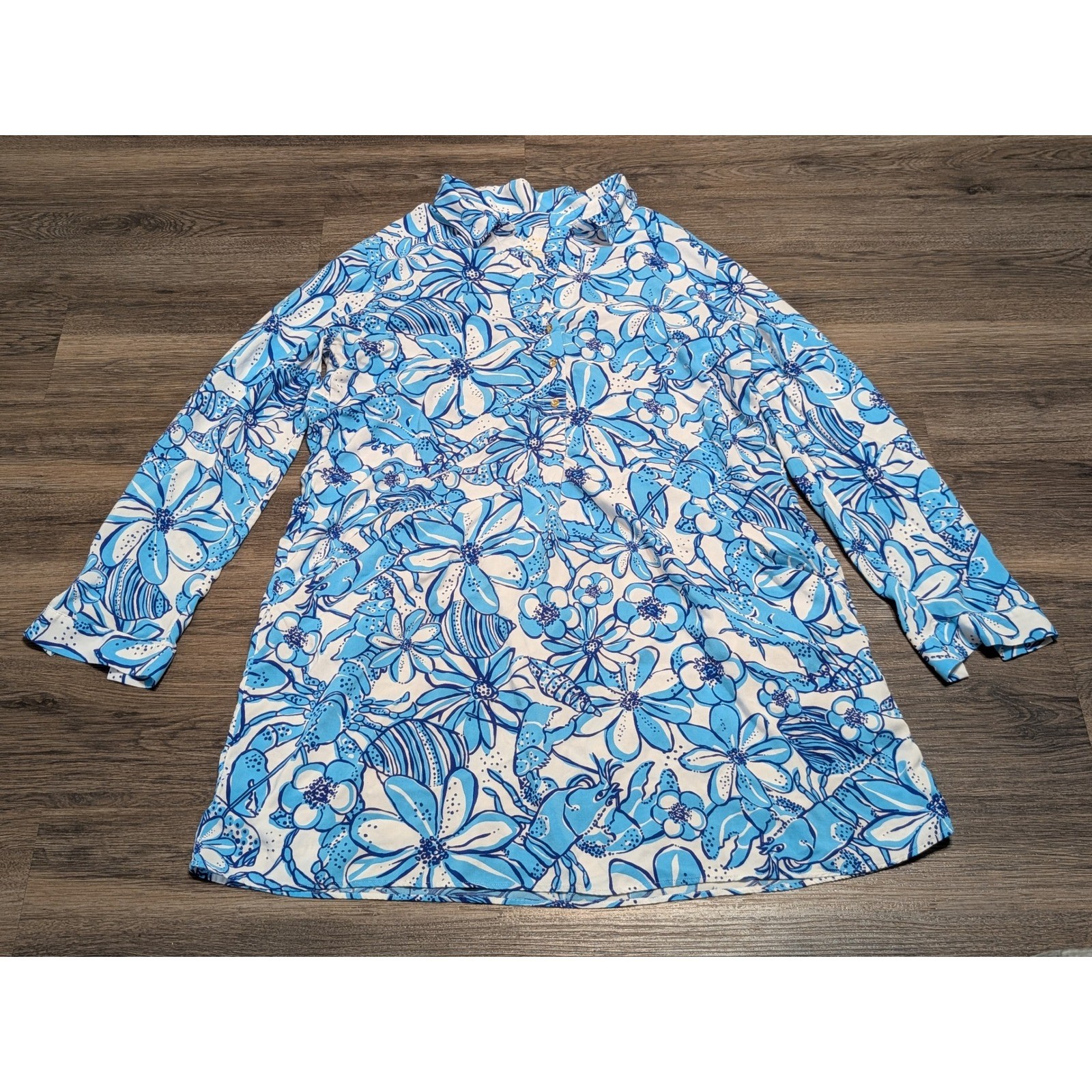 Lilly Pulitzer Lillith Tunic Dress Blue White Floral Shells Size Large L