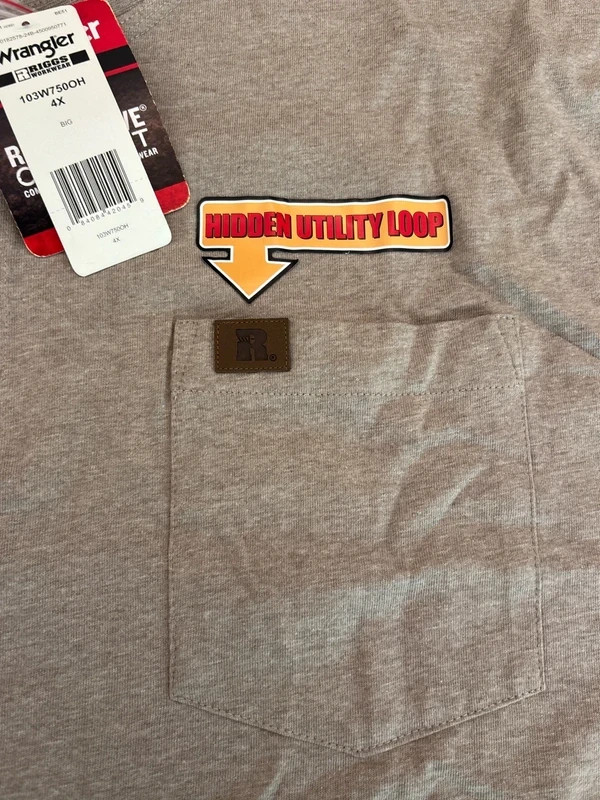 Grey long sleeve Wrangler work shirt. Front pocket with utility hook. Brand new