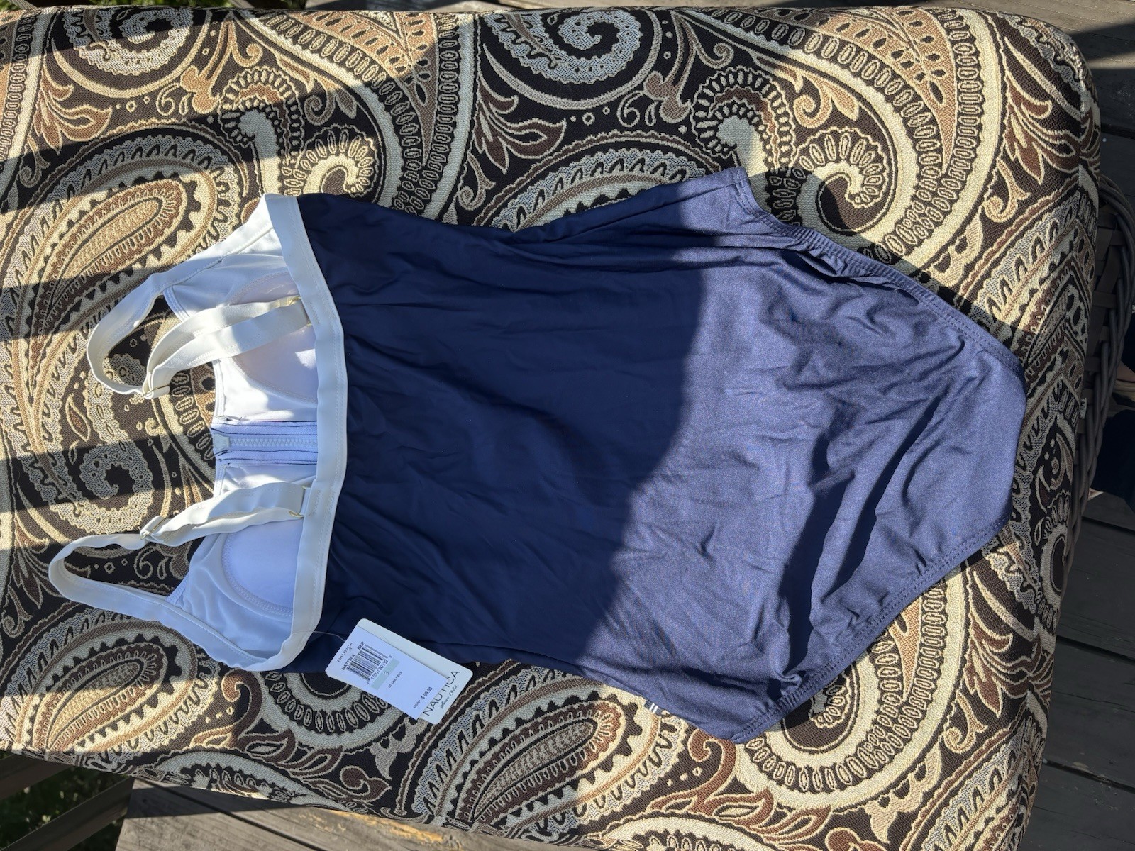 Nautica Women’s Navy/Purple/White Striped Zip Front One-Piece Swimsuit 8