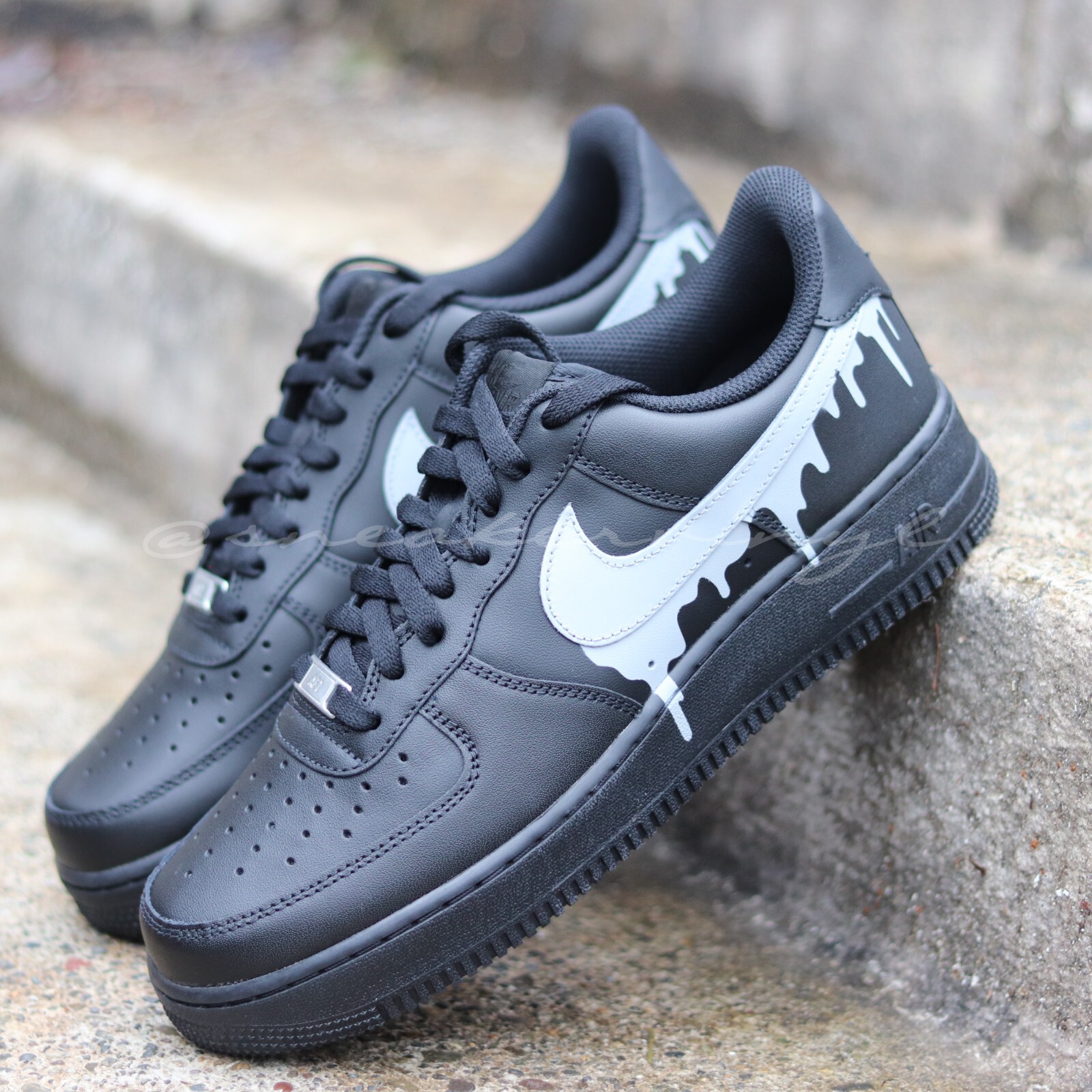 Custom Nike Air Force 1 Black & Grey Concrete Paint Drip Customized Sneakers