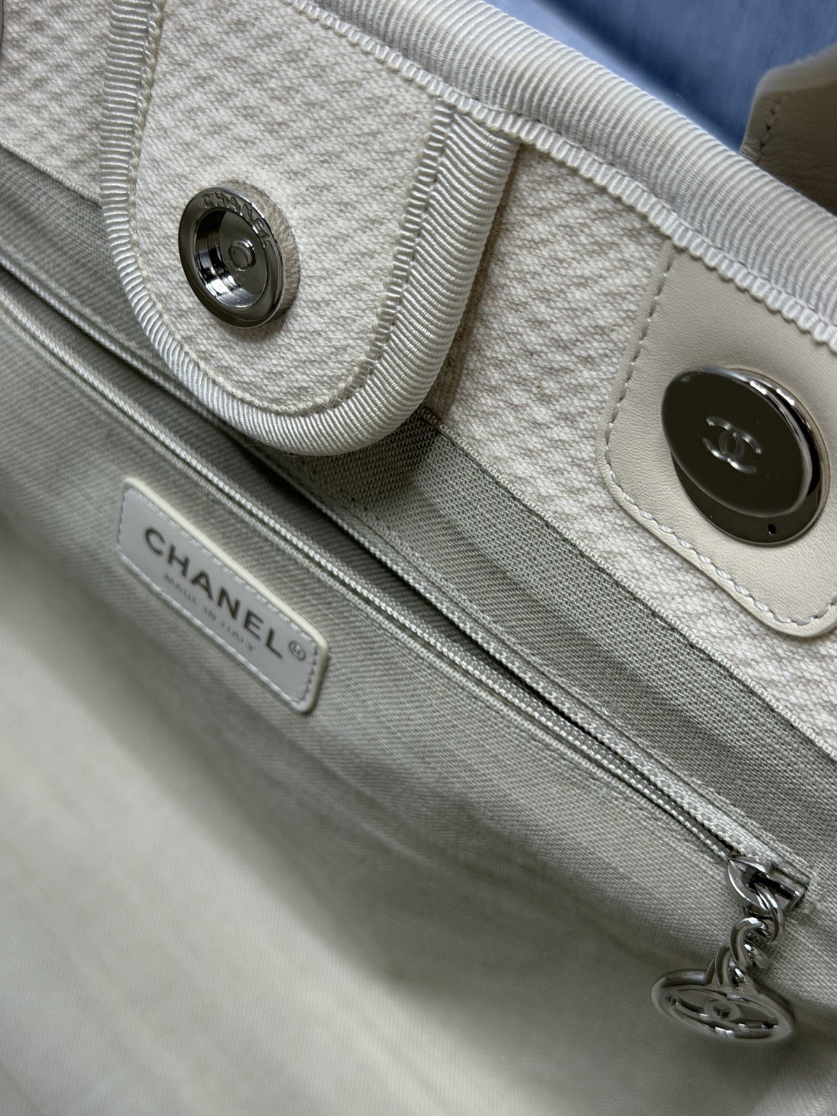 Chanel Deauville MM Tote Bag With Pouch Chain Tweed Material White