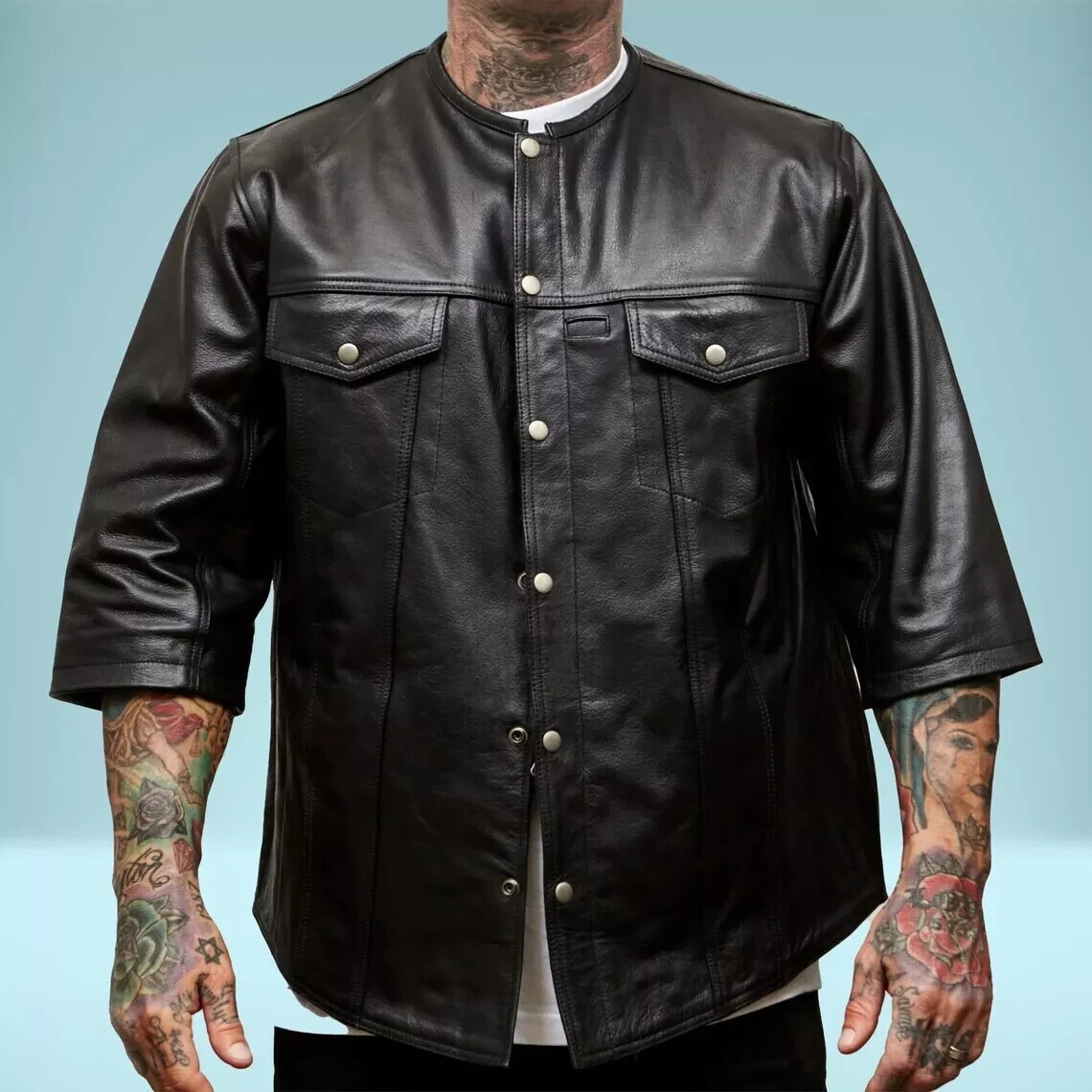 Men’s Real Lambskin Leather 3/4 Short Sleeves Shirt Round Neck Leather Shirt