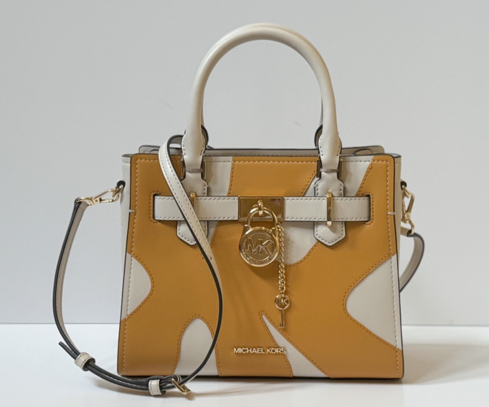 MICHAEL KORS HAMILTON SM SATCHEL SHOULDER BAG GRAPHIC LOGO GOLDEN ROD MULTI