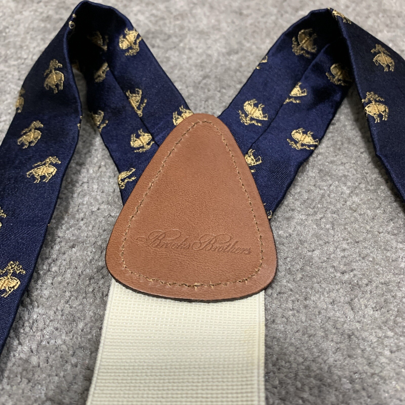Brooks Brothers Silk Suspenders Navy Blue with Golden Fleece Sheep Silk Leather