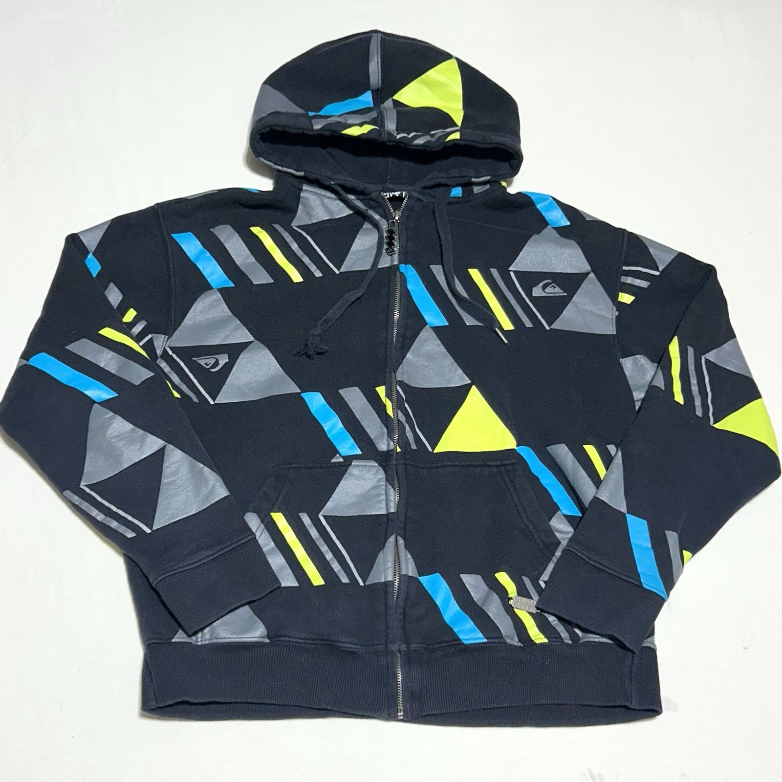 Y2K Quiksilver Hoodie Sweater Mens Small Black Geometric Fleece Vintage AOP