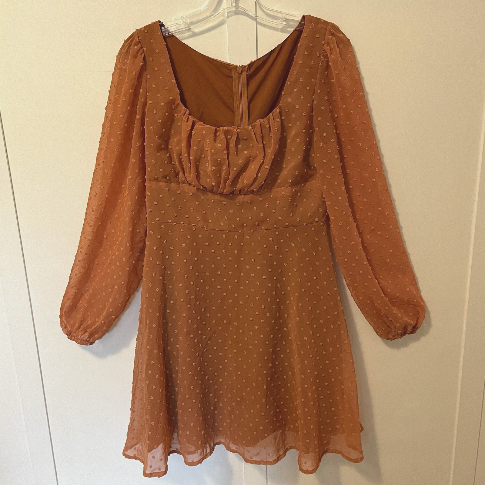 Lyaner Swiss Dot Sheer Lined Dress SZ M Burnt Orange Flowy Babydoll Boho Hippie