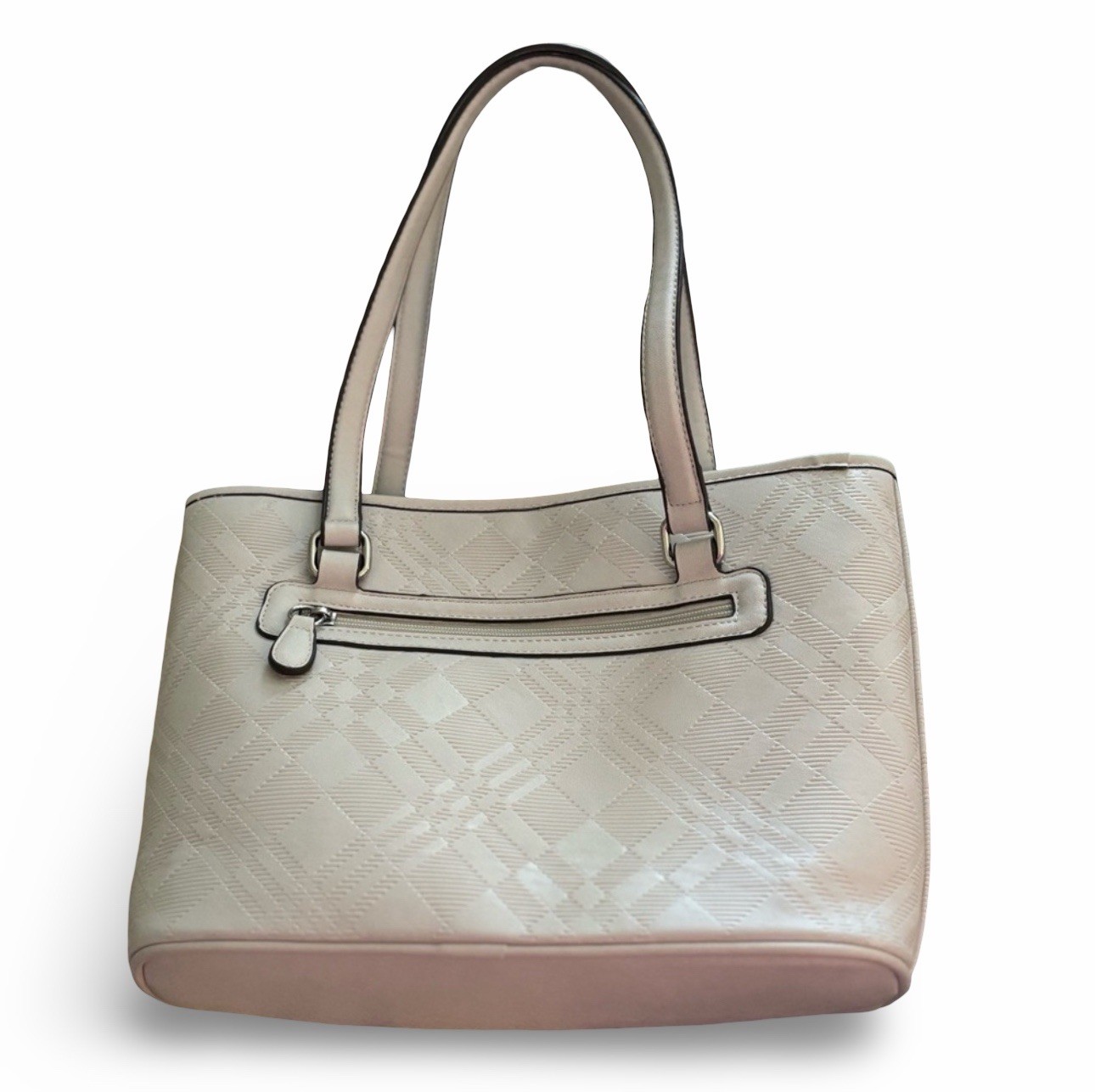 Giani Bernini Beige Embossed Logo Tote Bag, Zip, Double Handles, Pockets