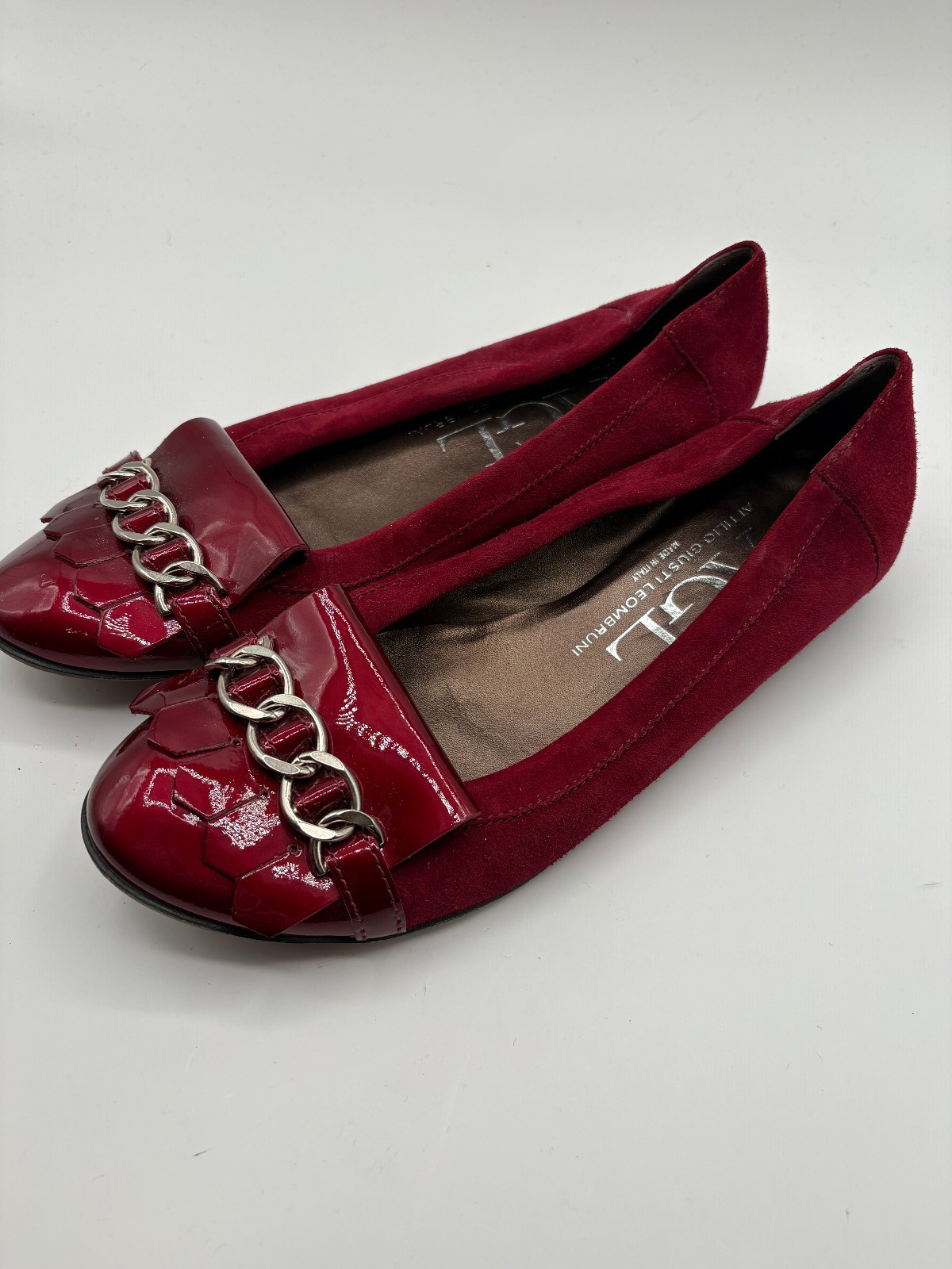 AGL Attilio Leombruni Patent Cap Toe Flats Shoes Red Suede Kiltie size 39.5