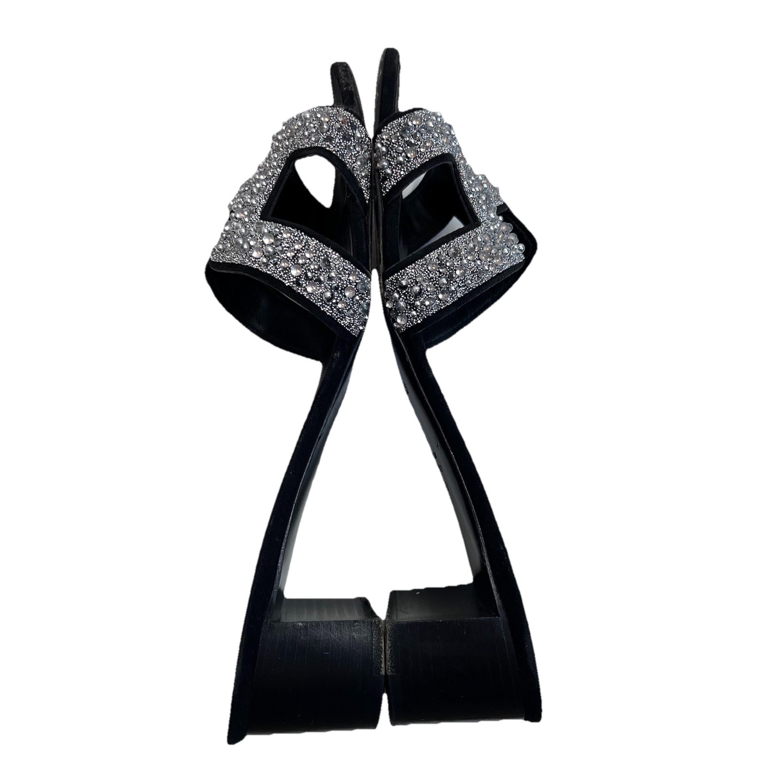 Hermès Oran Crystal Heeled Mule Sandals Black Leather 40 Silver Glitter Heels