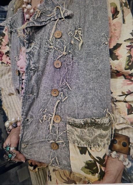 #1396 A Rare Bird Chambray Knotted Floral Mixed Shabby Chic Shirt/Jacket NWT
