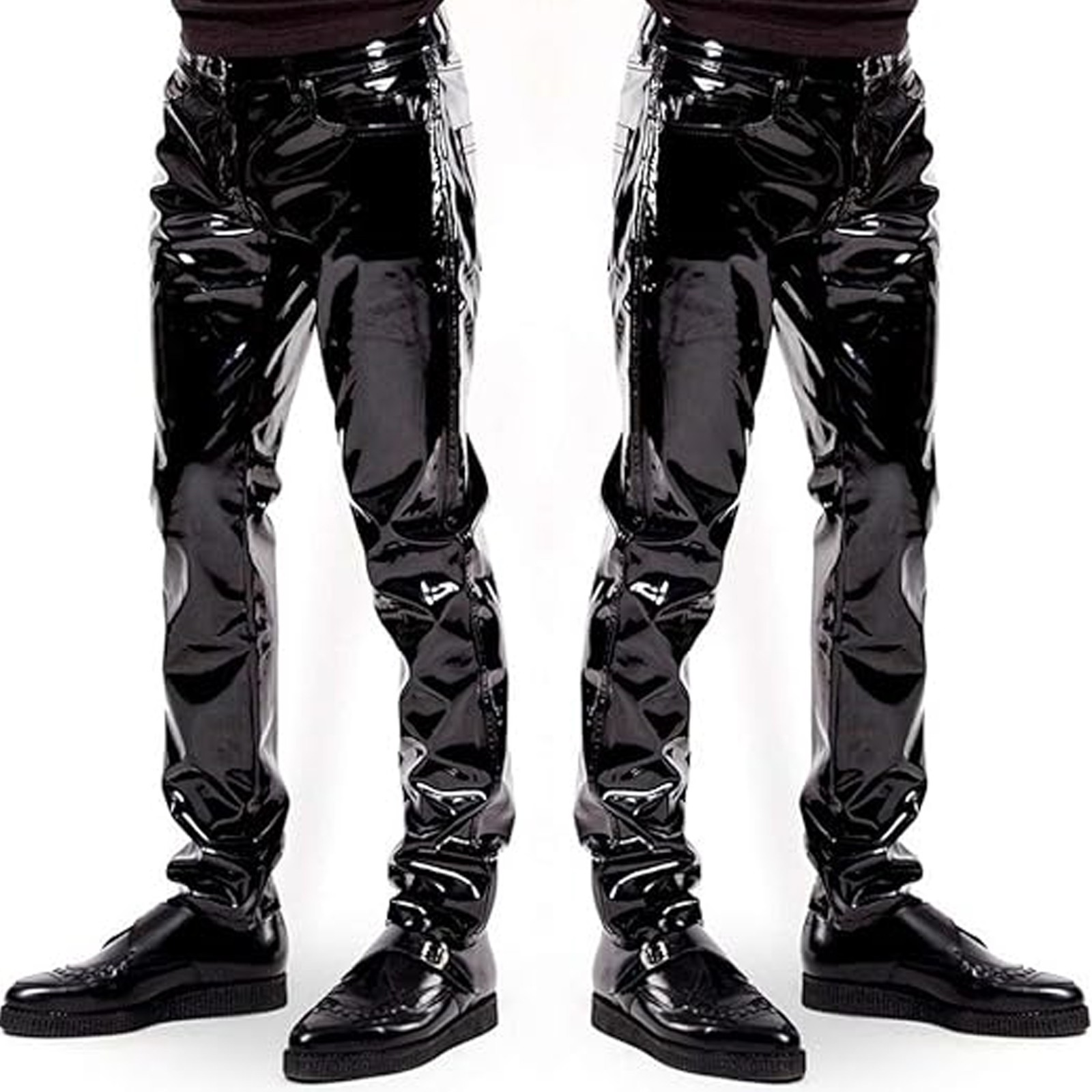 Puritues Men’s Black PVC Leather Pants Wet Look Shiny Slim Fit Trousers Clubwear
