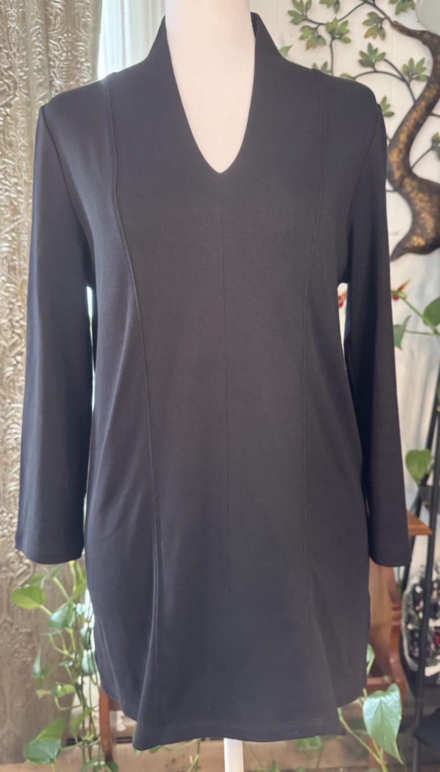 Rafaella Studio Black Knit Shift Dress V-Neck Long Sleeve Knee Length Size S