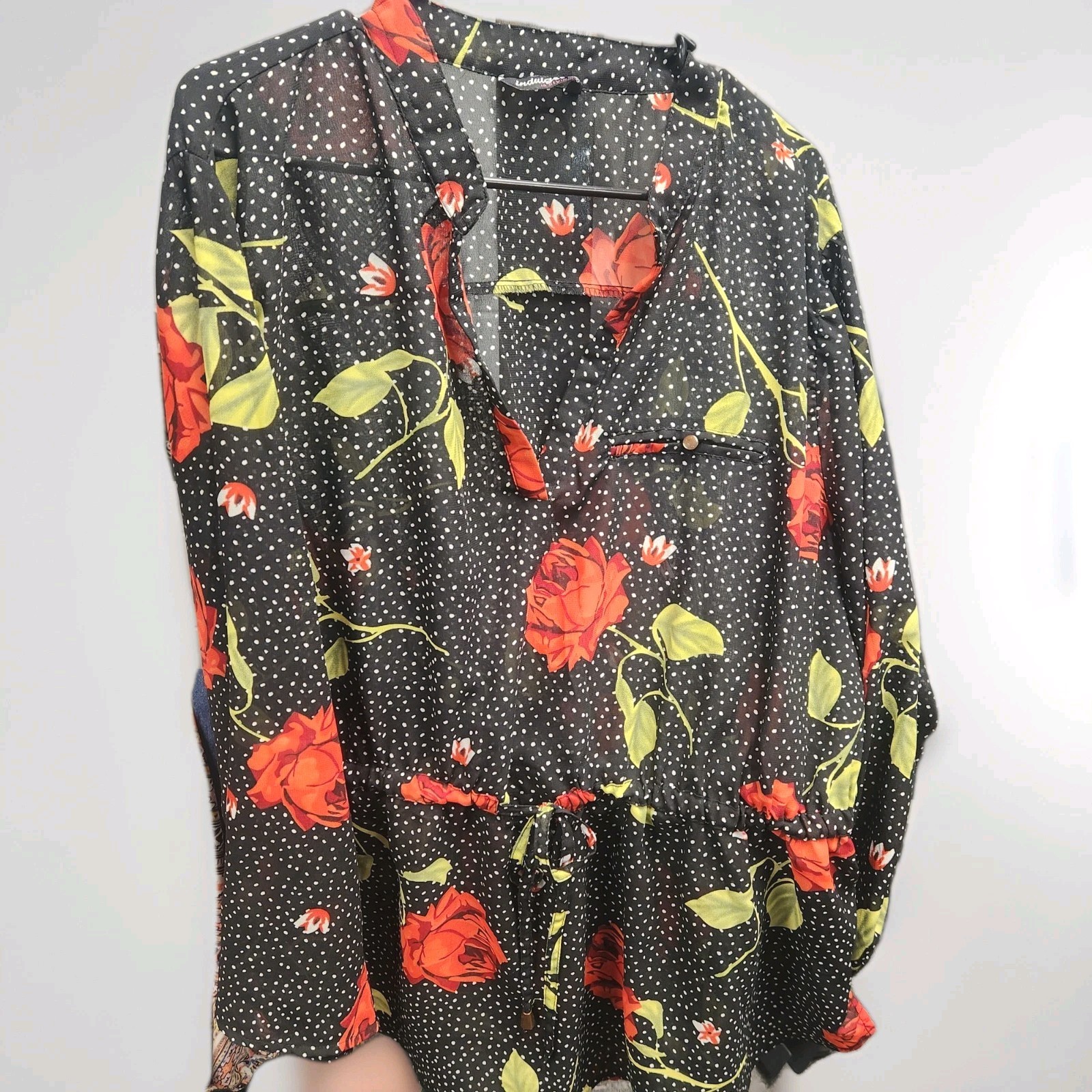 Indulge Womens Plus 3X Chiffon Polka Dot Floral V-Neck Top Rose Breathable Top