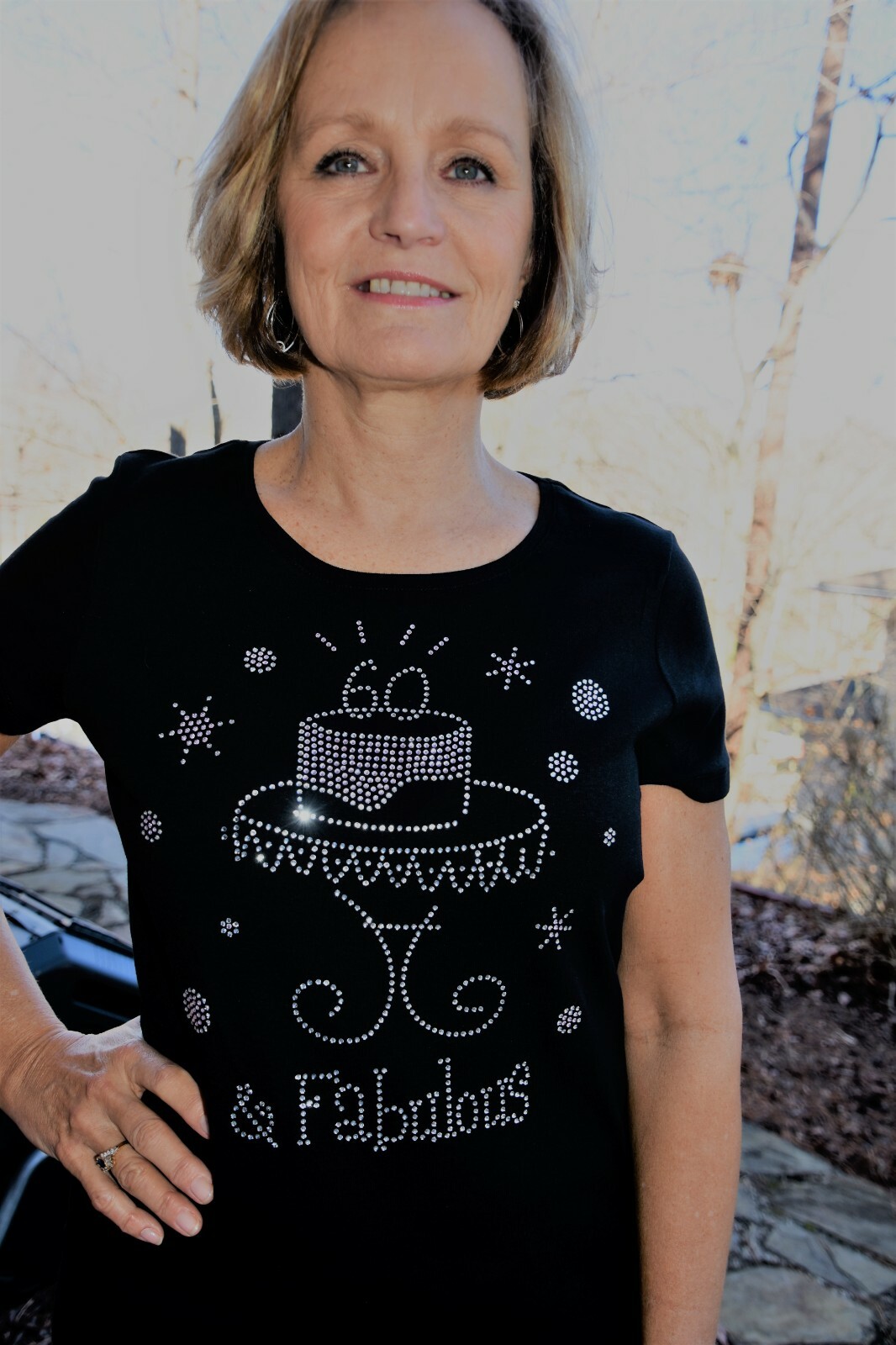 60th birthday rhinestone bling shirt size M 60 and Fabulous Birthday Cake