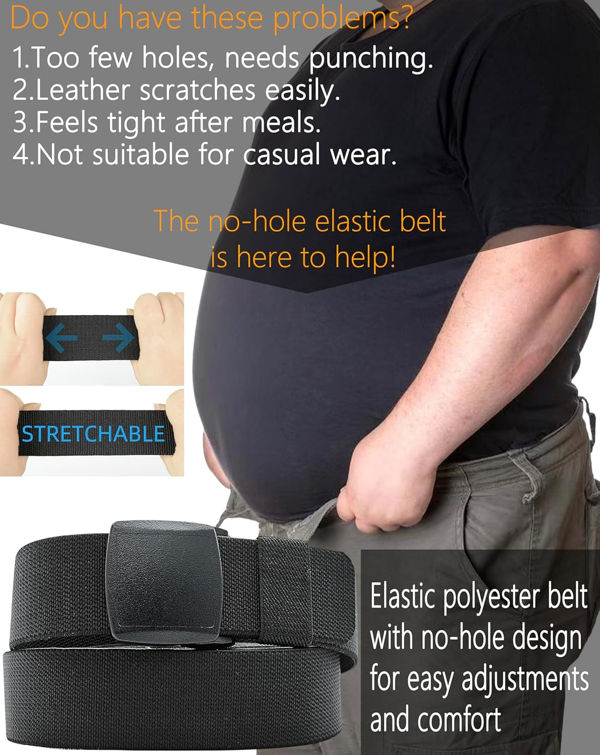Mens Adjustable Tactical Belt TSA Approved Metal-Free Elastic Stretch Belt Brown