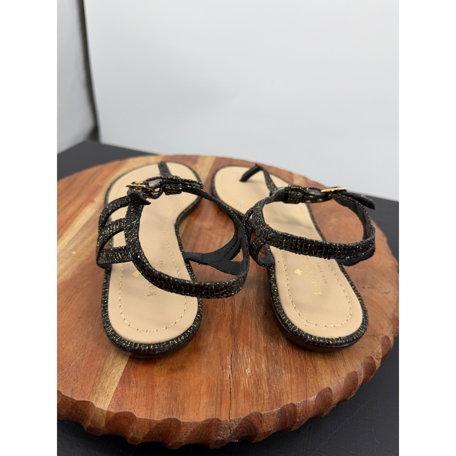 Kate Spade New York T-Strap Sandals Women 10M Black Gold Metallic Bow Flat