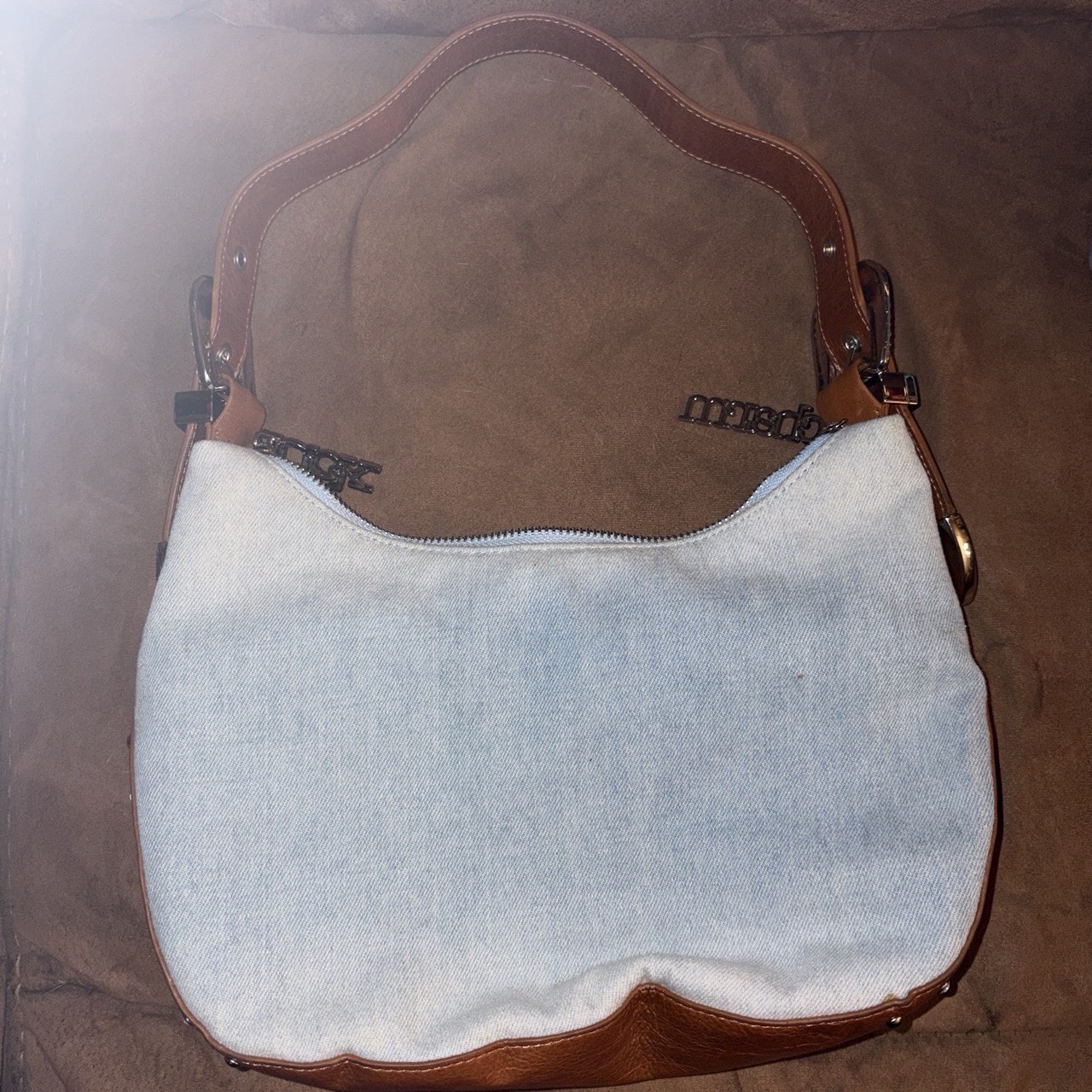 Charm and Luck Blue Brown Shoulder Bag, Zip, Rhinestone Buckle, Pockets