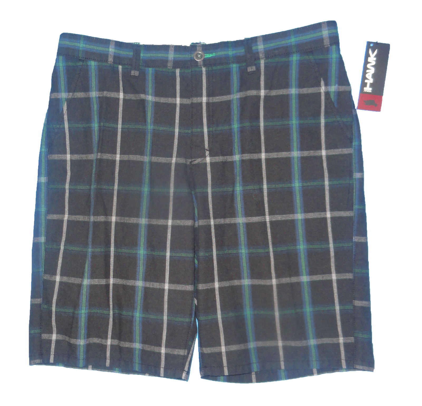 Men’s Tony Hawk Black & Green Plaid Lightweight Shorts SIzes 29, 30, 32, 34, 36