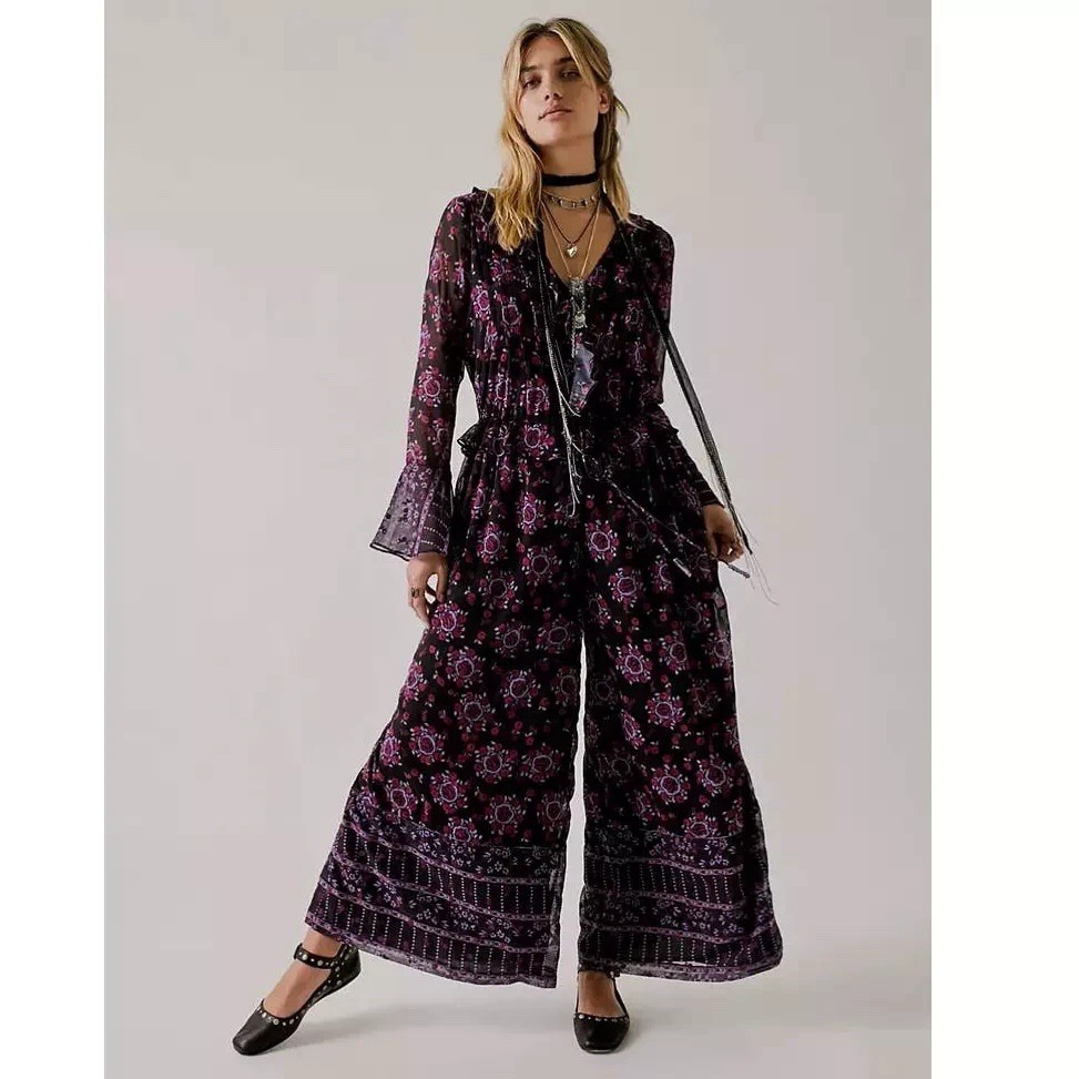 Free People x Anna Sui Cassiel Printed Jumpsuit Size Small Floral Dark