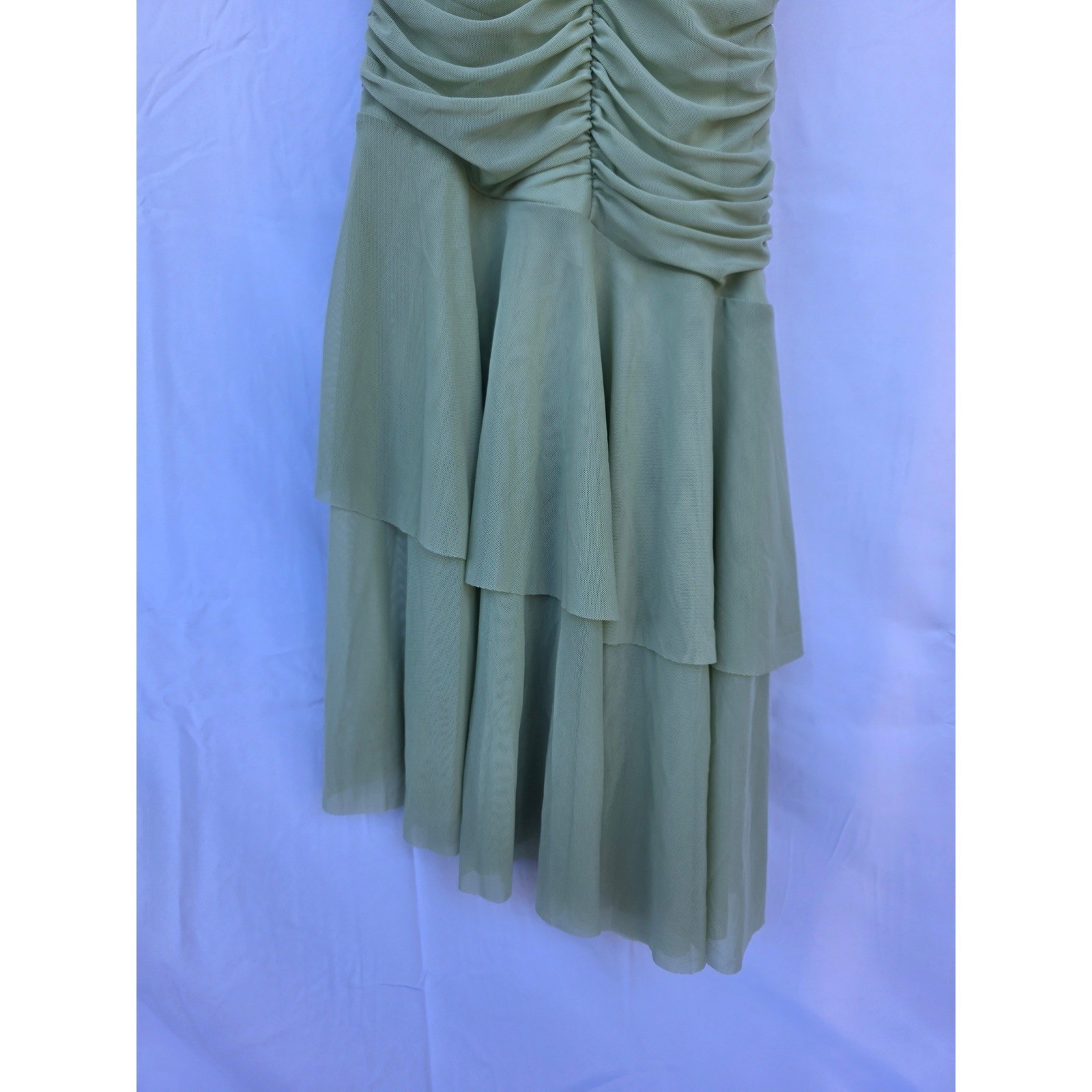 Hello Molly Sage Green Ruched Mesh Dress V-Wire Mermaid Hem Formal Gown NWT XS