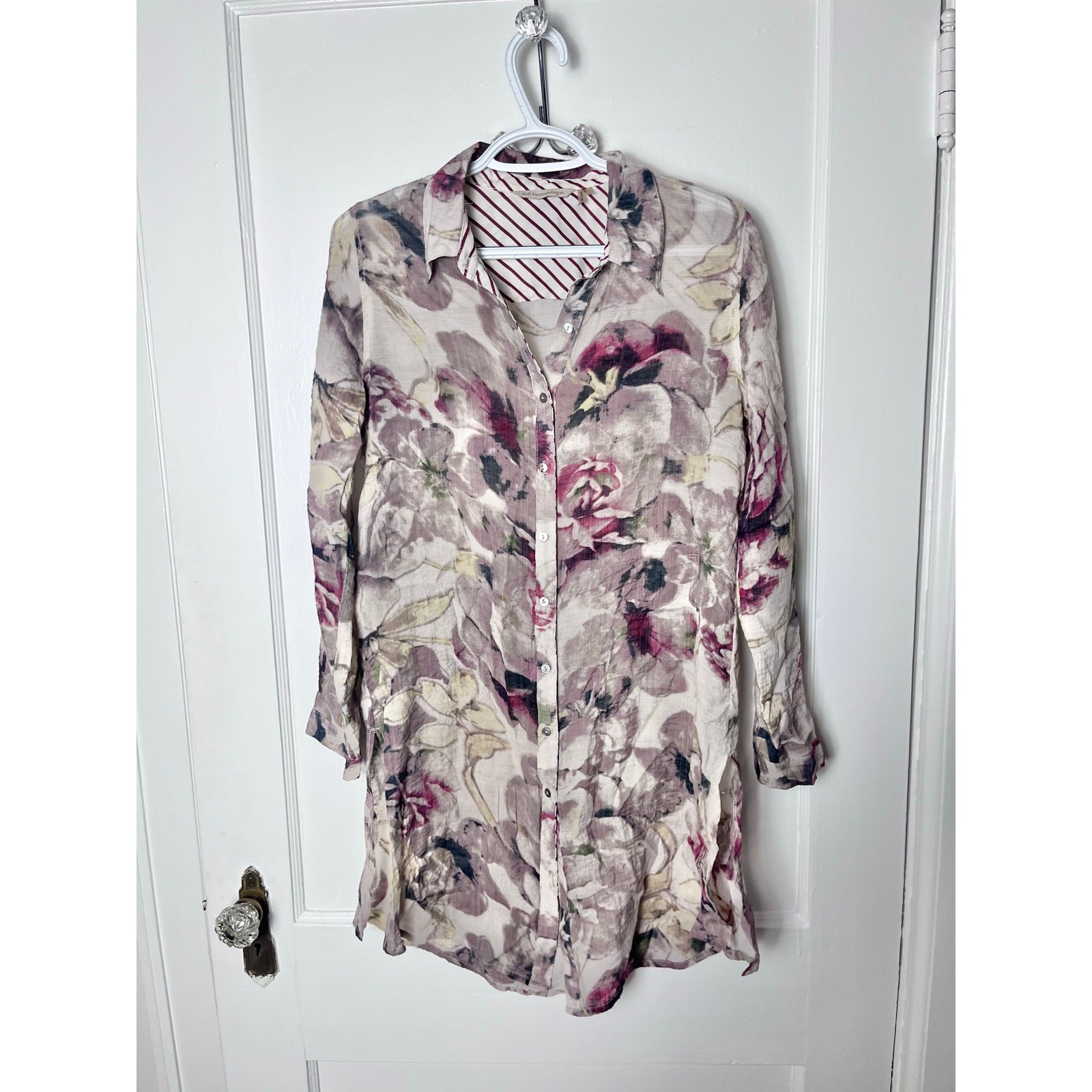 Soft Surroundings Floral Purple Beige Long Sleeve Flowy Boho Tunic Top SZ Small