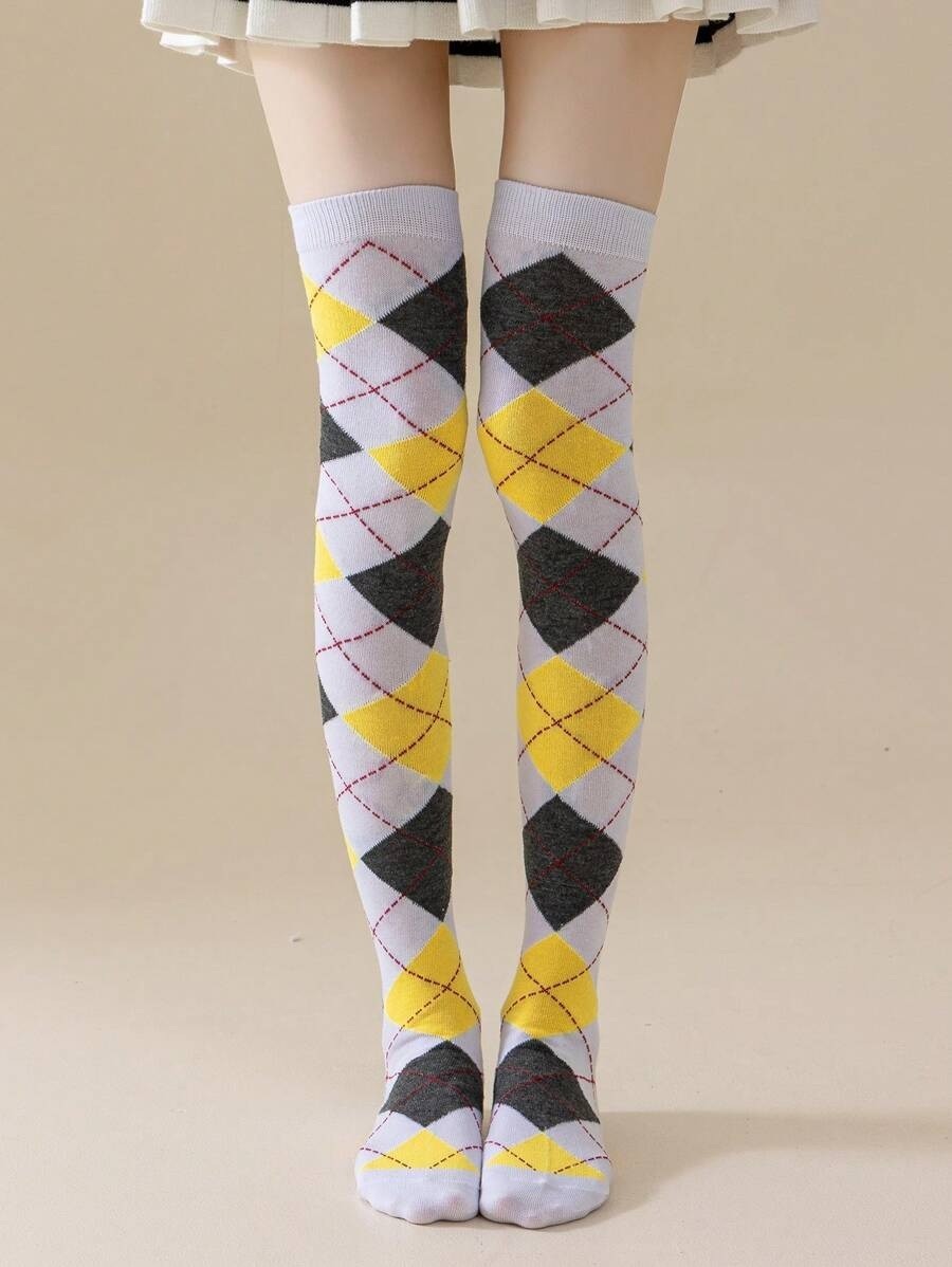 WOMEN’S ARGYLE DIAMOND PLAID FASHION OVER THE KNEE THIGH HIGH SOCKS STOCKINGS