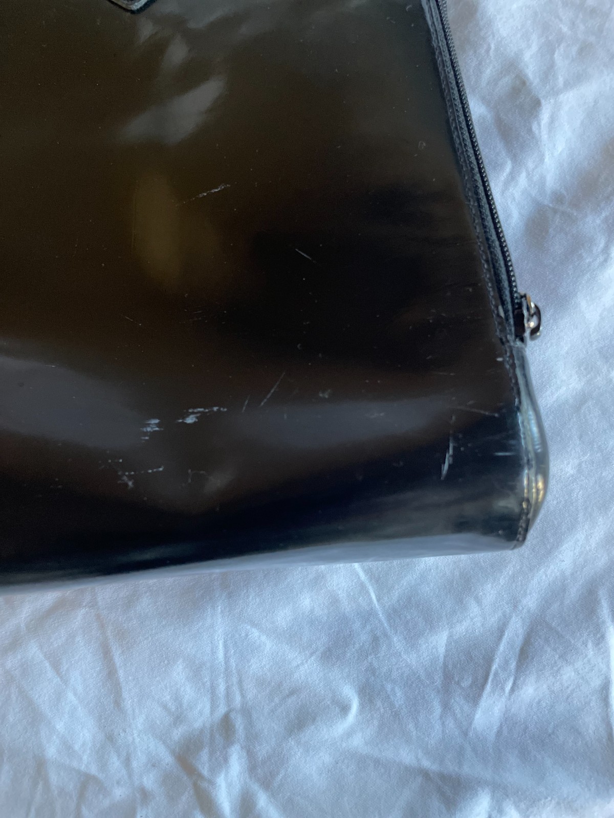 Vintage Black Furla Patent Leather Bag Straps Inside Pockets 11″H x 17″W x 4″D