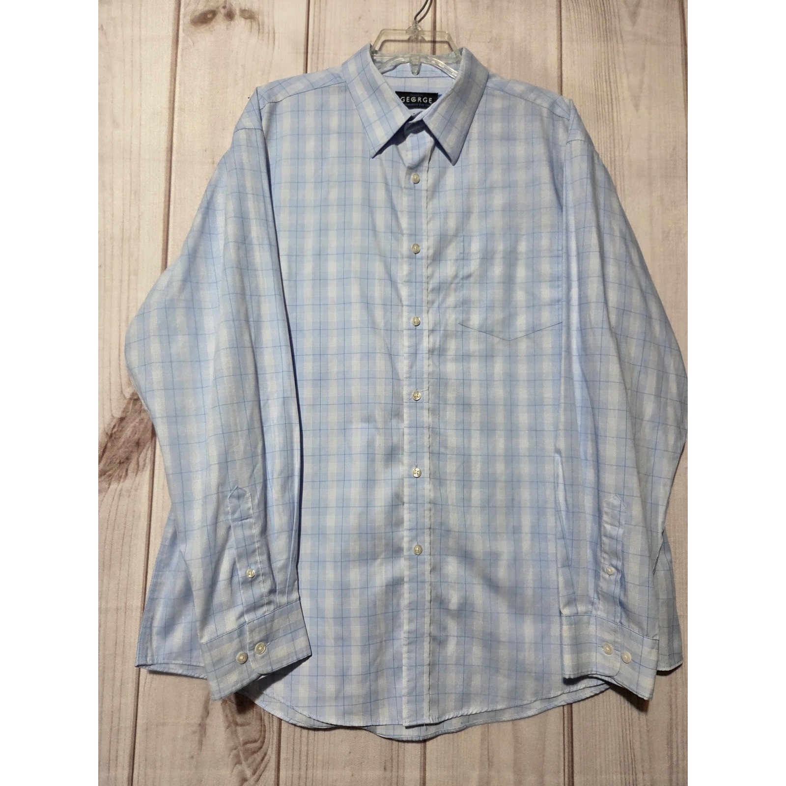 George Mens Blue Plaid Performance Easy Care Button Down Shirt Large L 42-44
