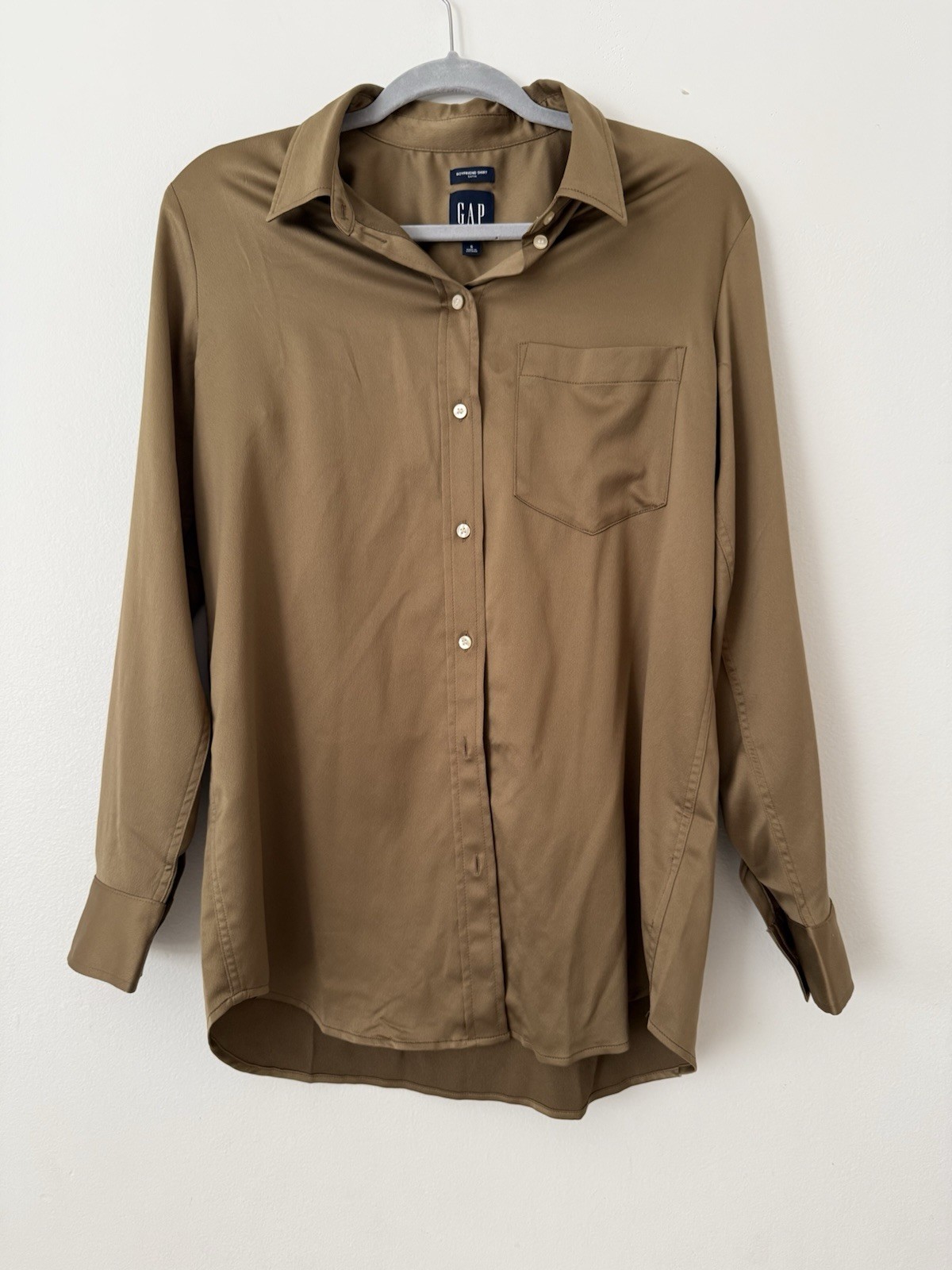 GAP Satin Boyfriend Button Up Shirt Cozy Brown Long Sleeve Women’s Small
