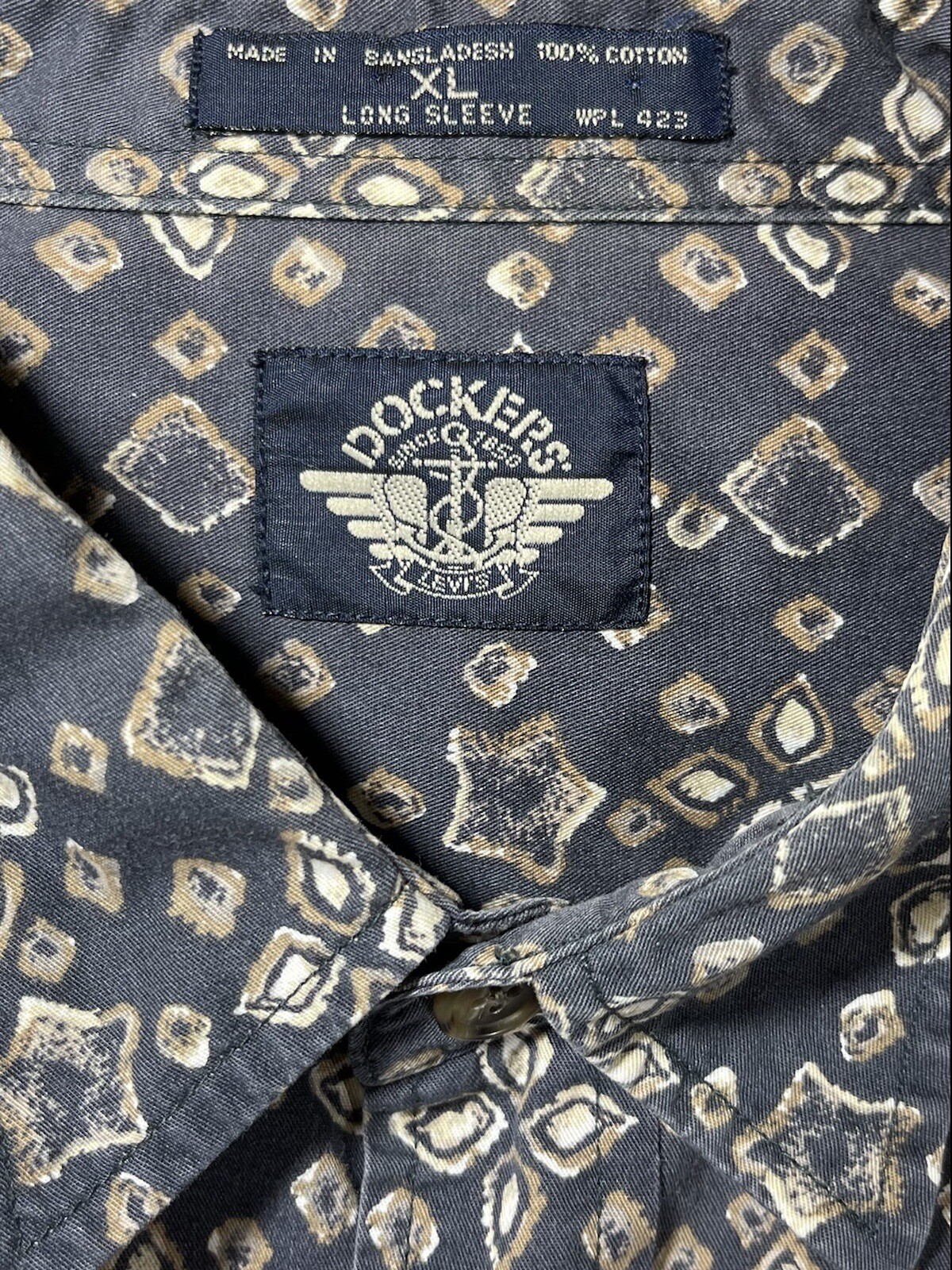 DOCKERS Button Down Blue Print Shirt Long Sleeve Barrel Cuff Men’s Size XL