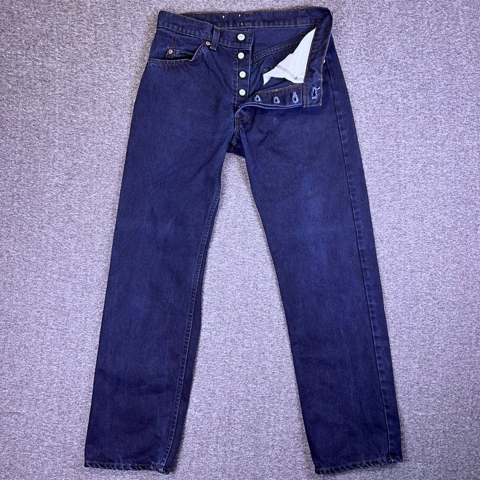 VTG 80s Levis 502 055B Jeans 32×32 Raw Indigo Denim Button Fly Red Tab Leather