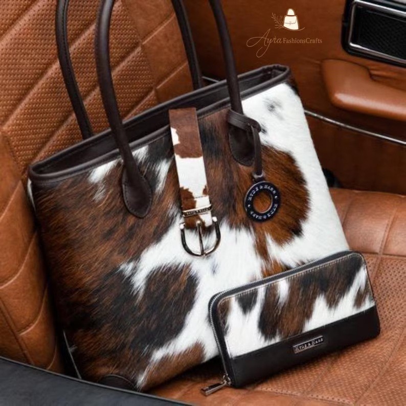 Handmade Genuine Cowhide Leather Tote Bag – Brown & White Hair On Leather Should