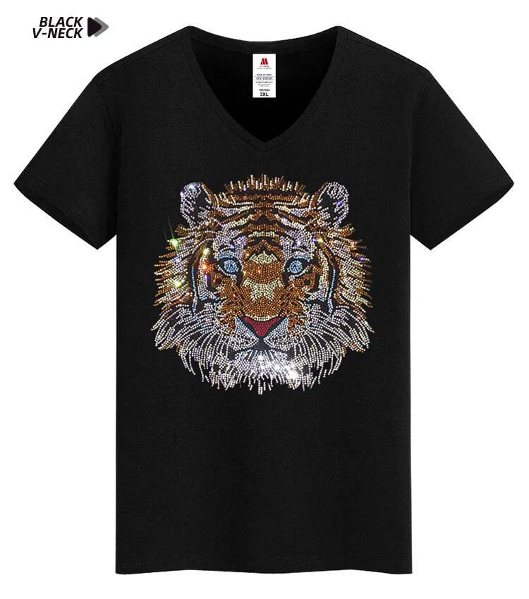 New Fashion Tiger Rhinestones Summer Short Sleeve Luxury Men Designer T-Shirt