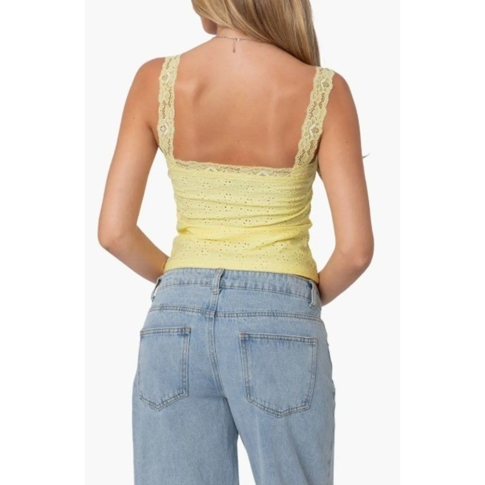 Edikted | Yellow Eyelet Lace Trim Cami Tank Top Pointelle Square Neck | Medium