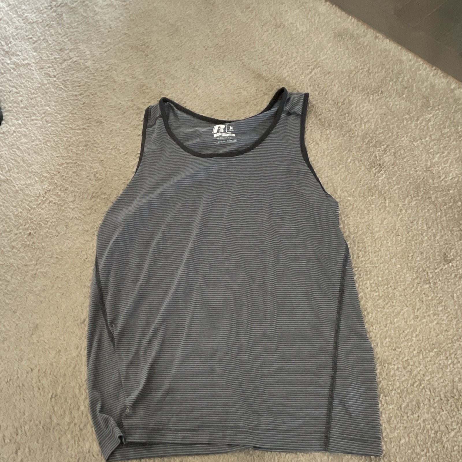 Russell Dri-Power 360 Men’s Gray/Black Striped Tank Moisture Wicking Crew M