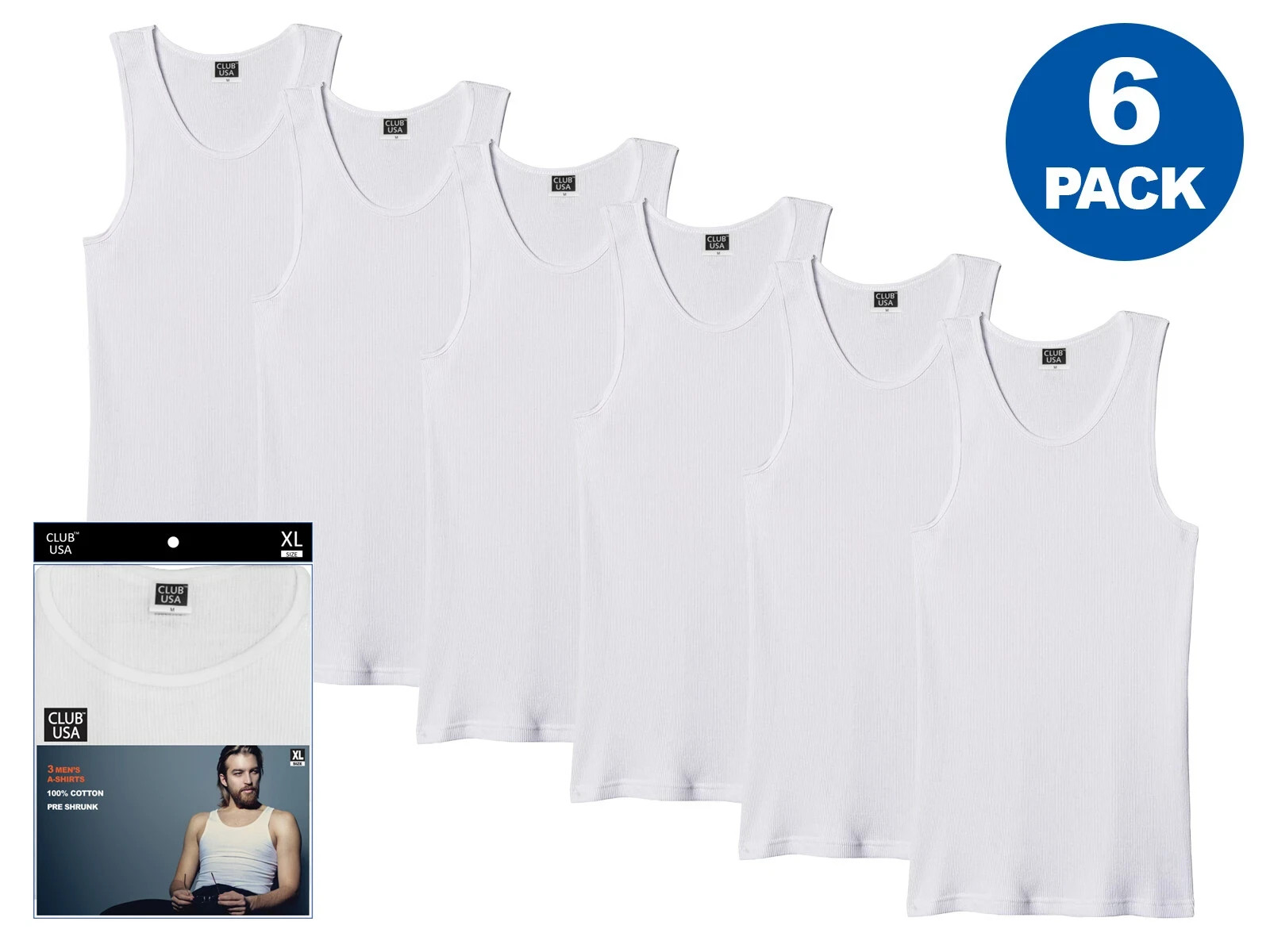 6 Pack – Men’s White Ribbed Tank Tops 100% Cotton A-Shirt Undershirt