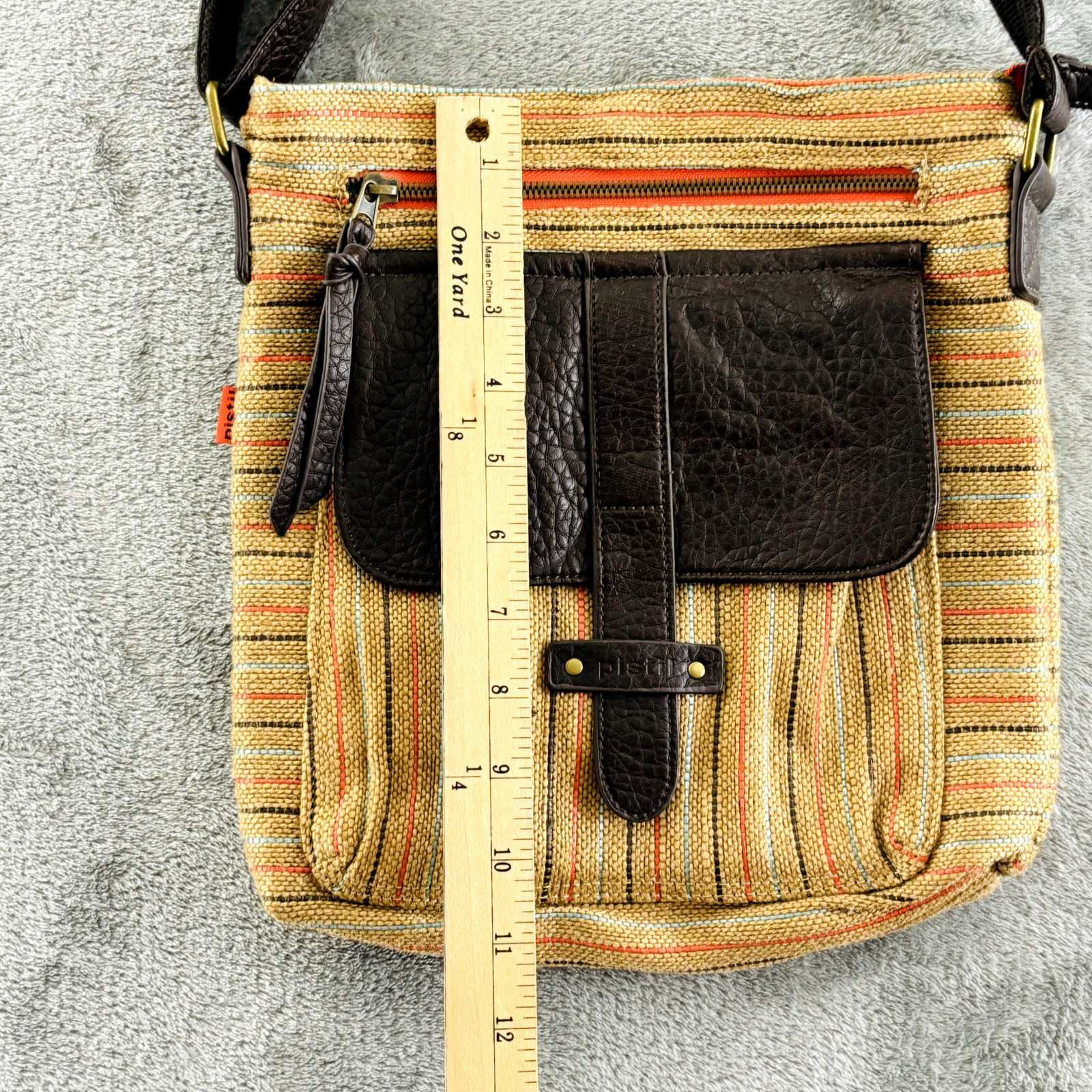 Pistil Gotta Run Bag Brown Burlap Stripe Crossbody Purse Adjustable Strap Zipper