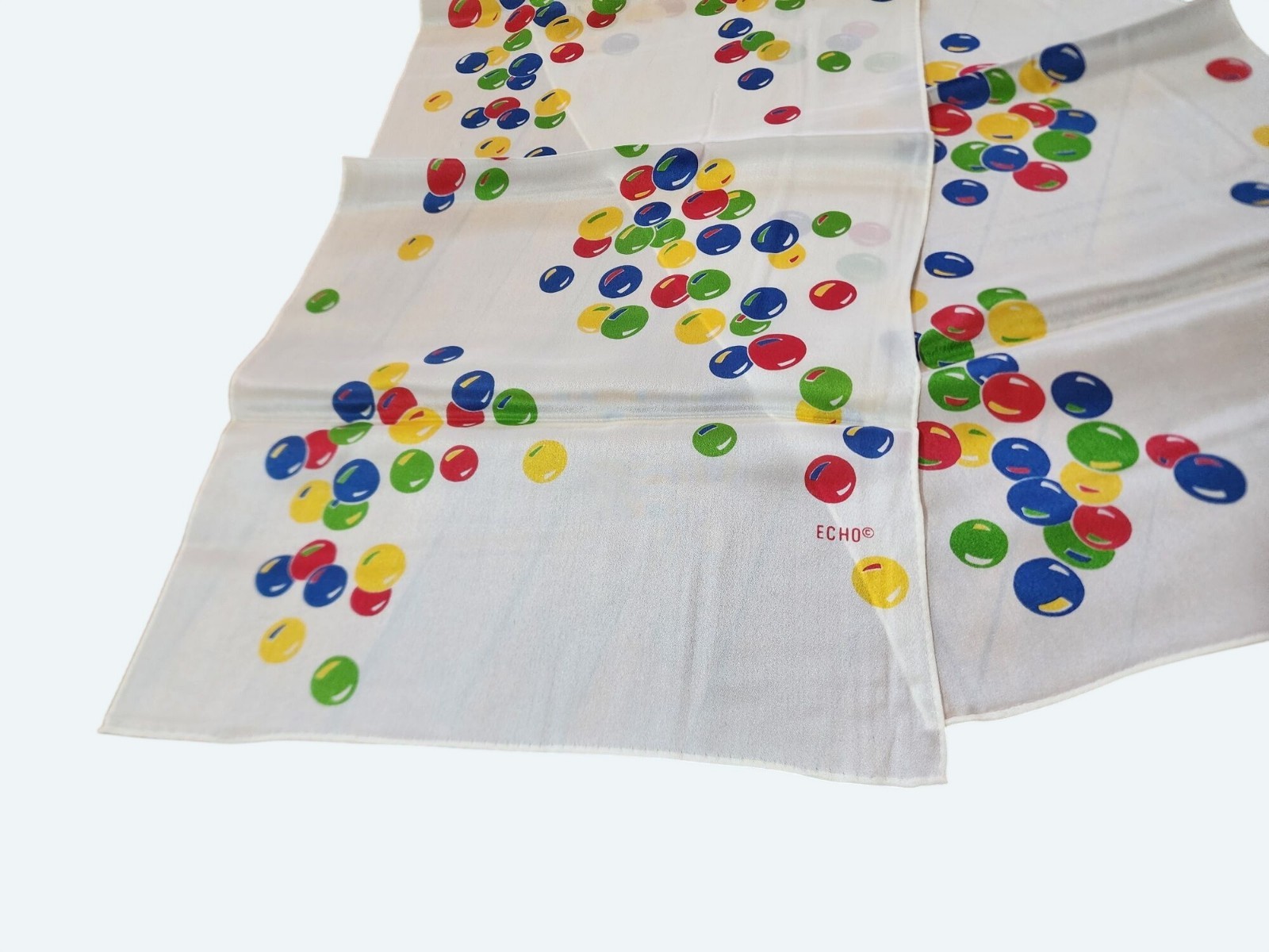 Vintage Echo White Silk Scarf w Multicolor Bubble Print 11×46 Inches Retro