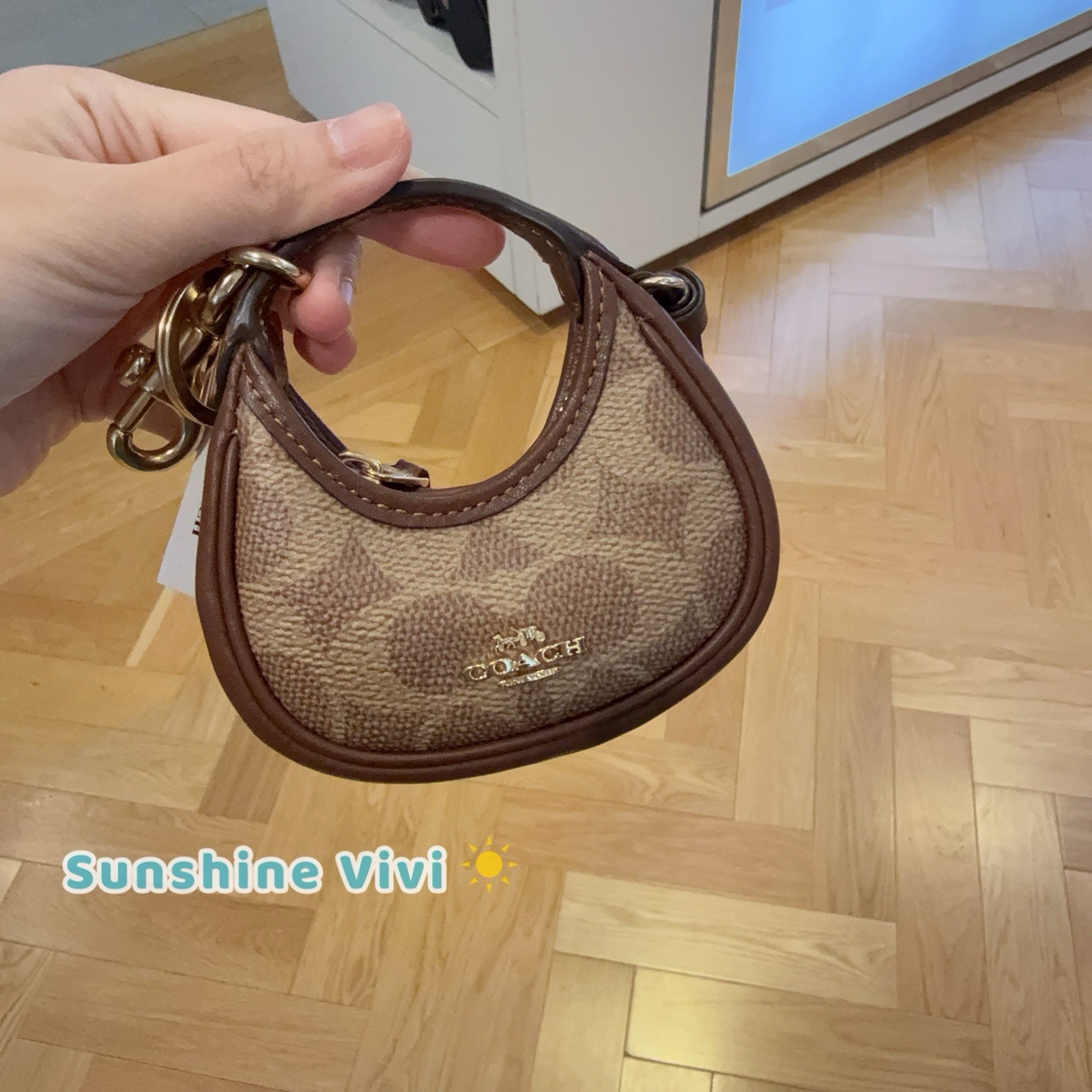 NWT Coach Mini Carmen Bag Charm In Signature Canvas Gold/Tan/Brown CBK67