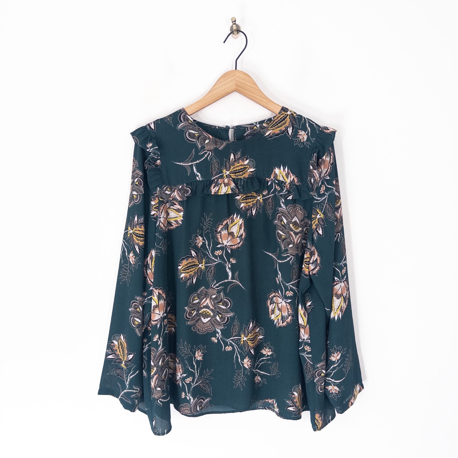 M&S Teal Blue Green Floral Ruffle Blouse Size 22 Long Sleeve Top Frill Shirt