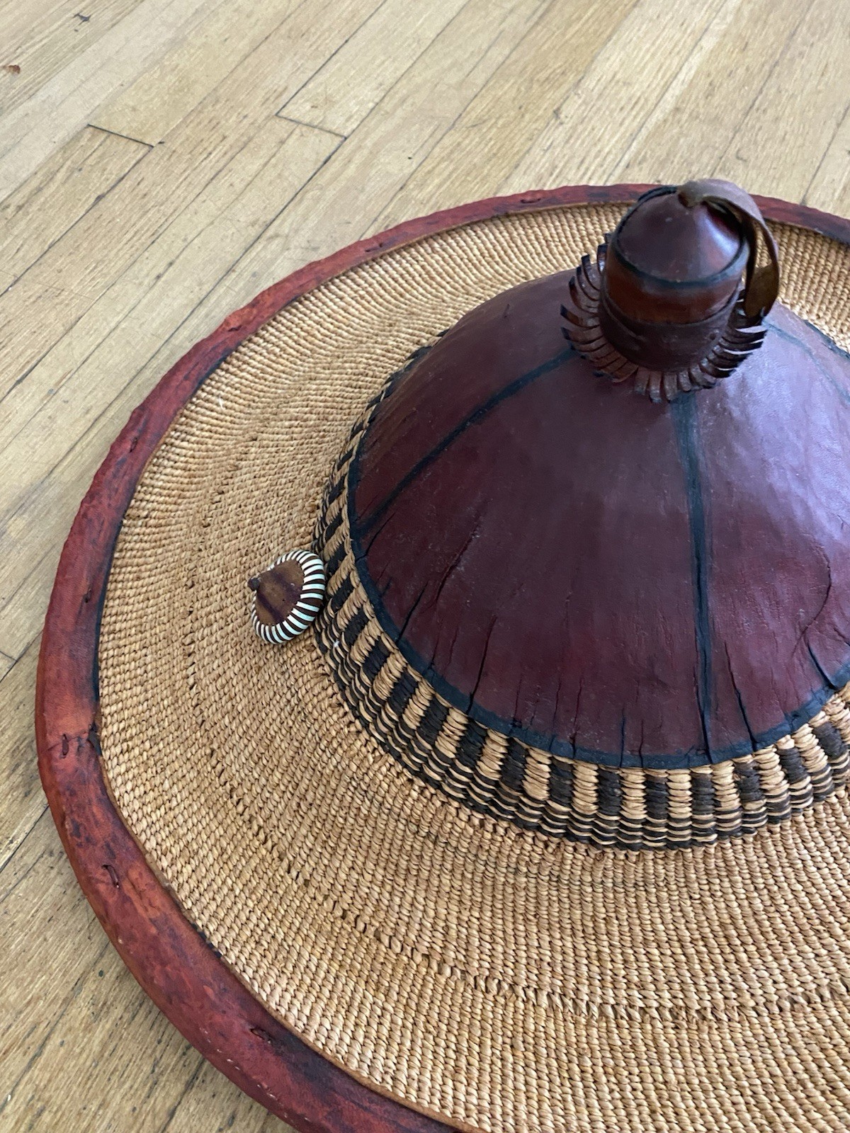 Antique African Ghanaian Hat ~ Traditional Conical Woven Straw & Leather ~19in