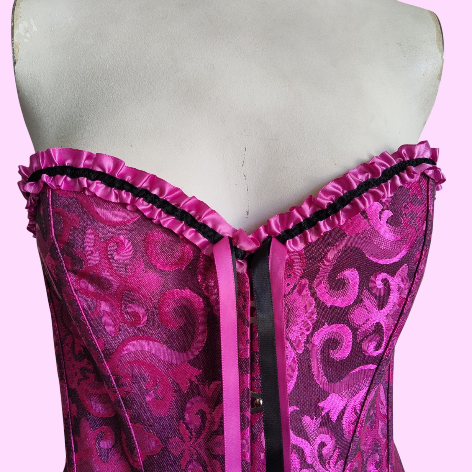 Ribbon Lace Back Over Bust Boned Corset Top Ruffle Regency Goth Damask Sz S