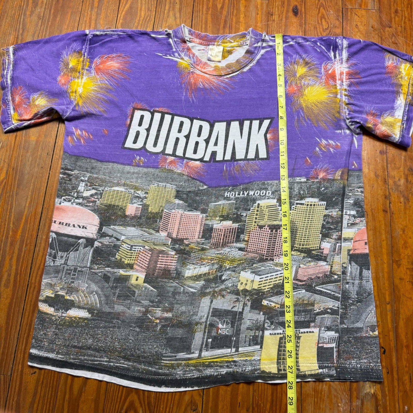 Vintage Burbank California All Over Print Shirt Mens Size XL Purple 90s