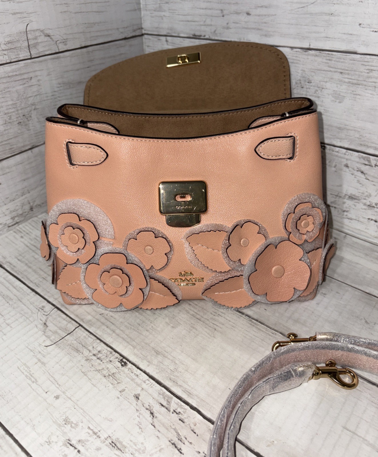 COACH CDY44 Emory 3Way Convertible Top Handle Bag Floral Appliqué Light Pink NWT