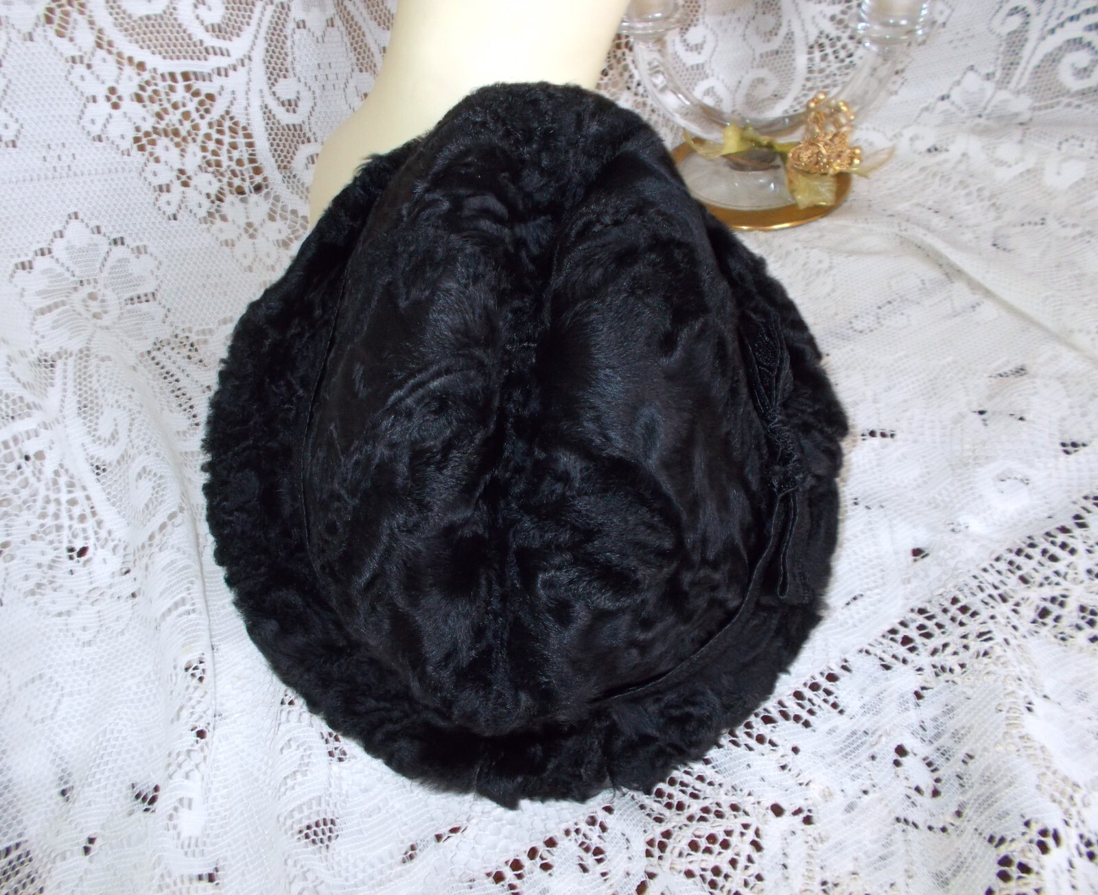 Vtg Regency of New York Black Broadtail Persian Lamb & Leather Fedora Hat 22 3/4